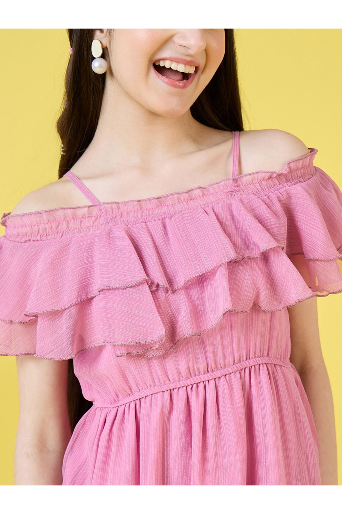 Stylo Bug By Styli-Solid Cold-Shoulder Sleeves Ruffled Dress 5