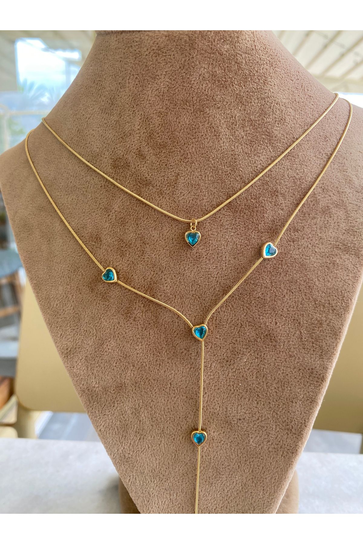 Moonjy Çelik Gold Kalpli Mavi Zirkon Taşlı Blue Amour 2'li Y Kolye