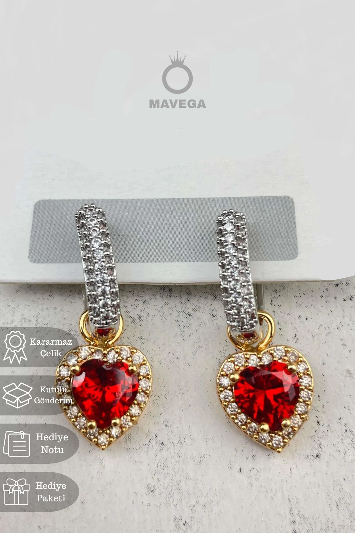 MAVEGA Yüksek Kalite Paslanmaz Kararmaz Çelik Zirkon Taşlı Kalp Kadın Küpe | Altın ve Gümüş Renk, 3 Cm