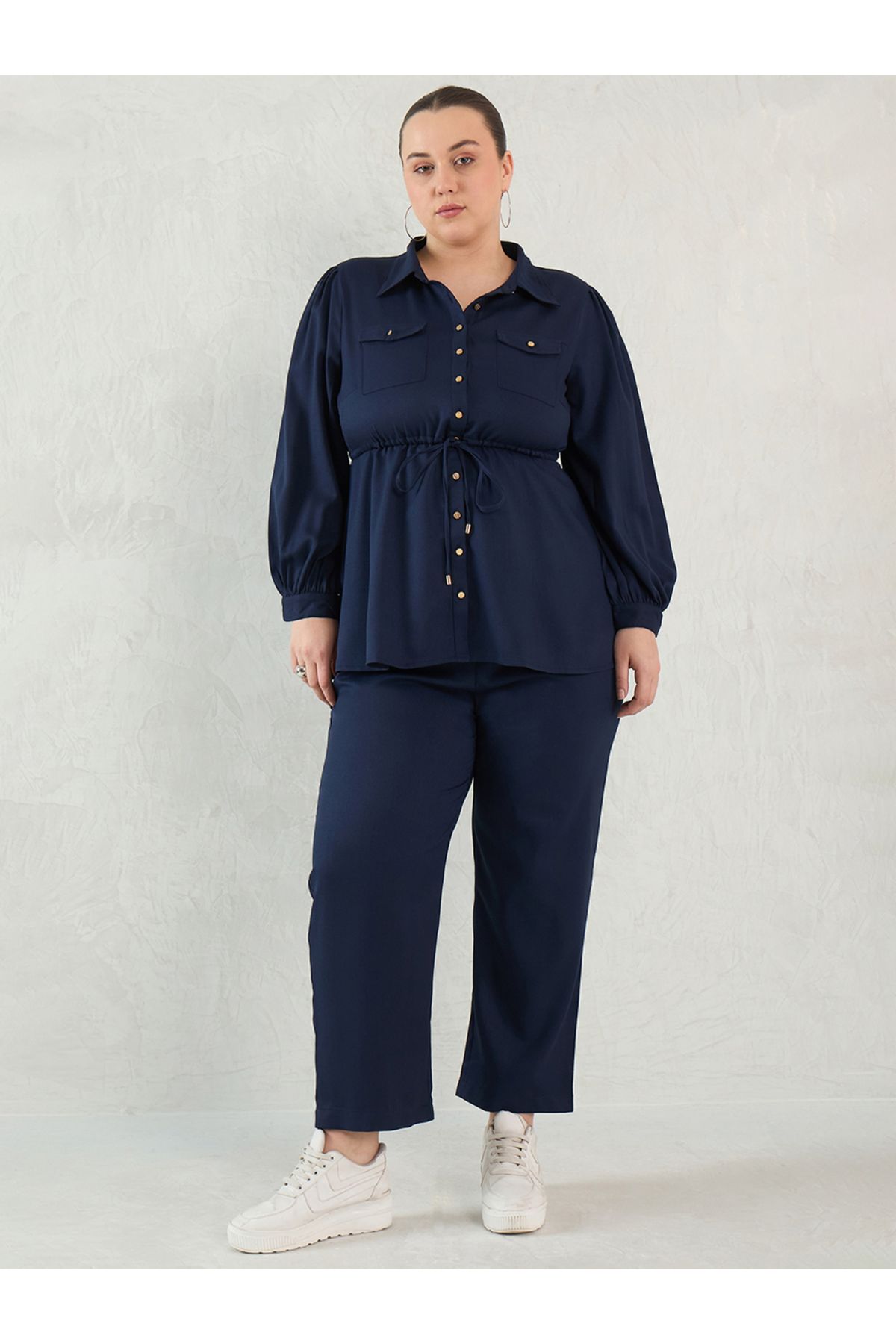 Femmella By Styli-Plus Size Button Down Top and Trousers Set 1