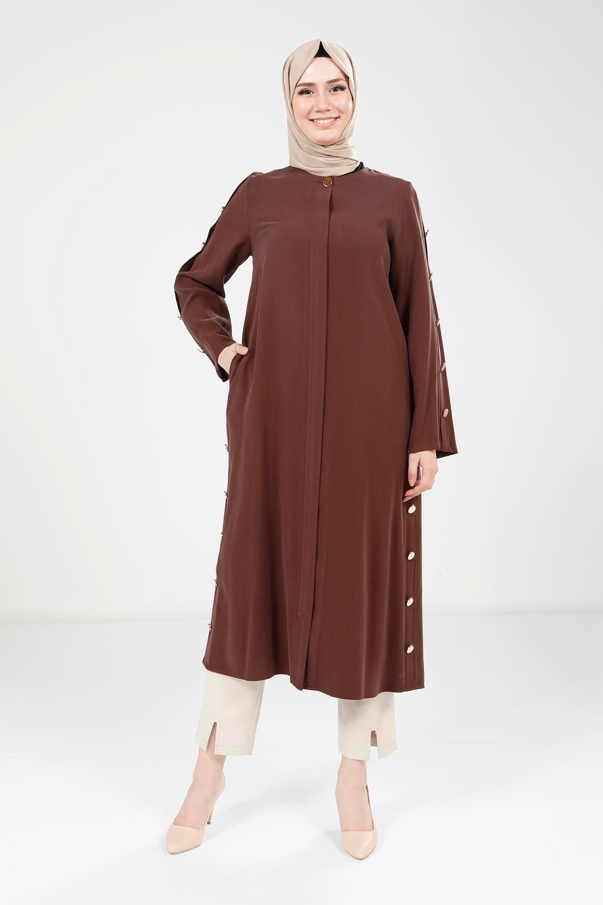 ژاکت پوشیده زنانه دکمه جزئیات دقیق رنگ قهوه 9232 Beyza