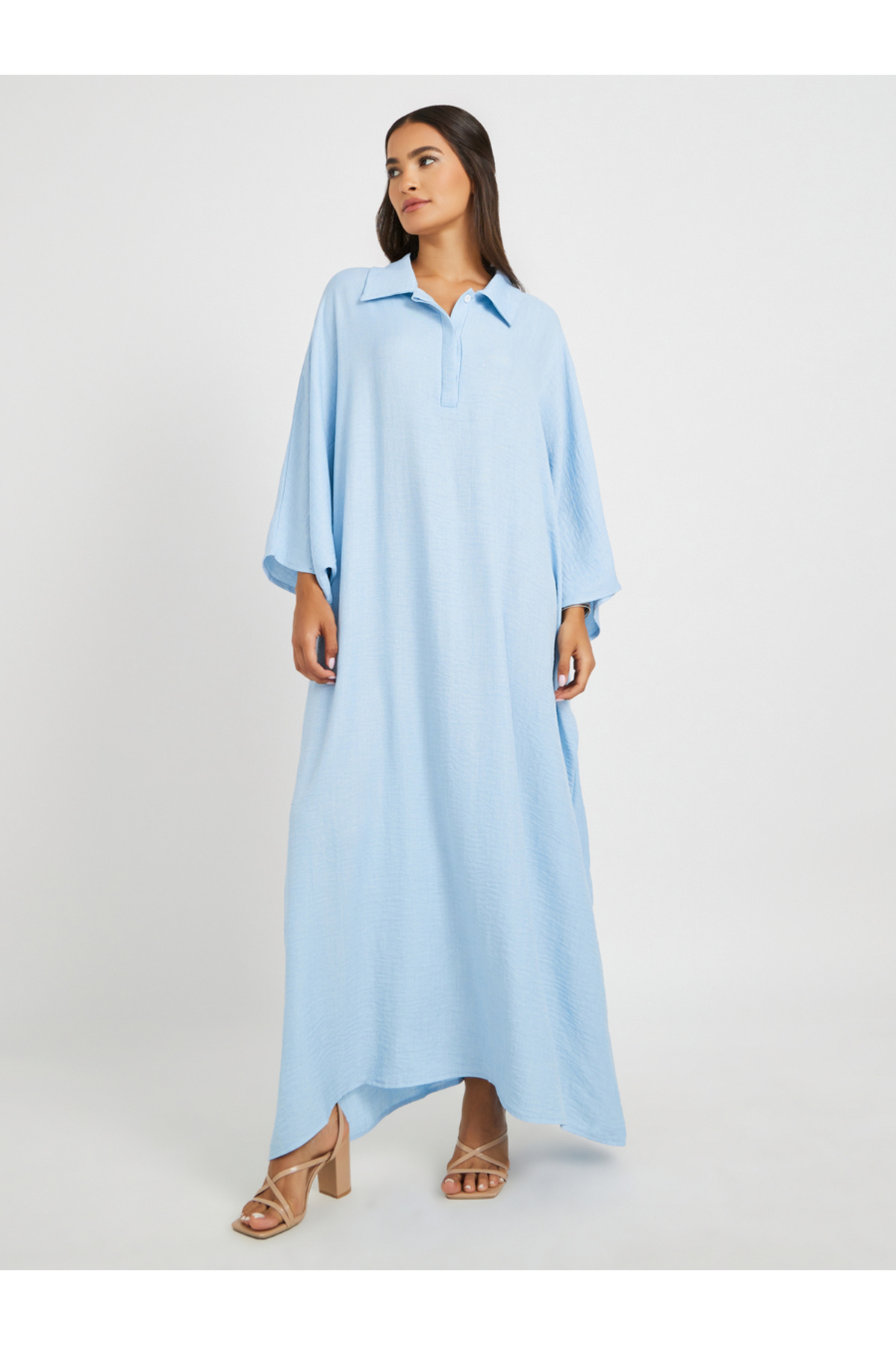 Styli-Plain Collared Half-Button Front Kaftan 2