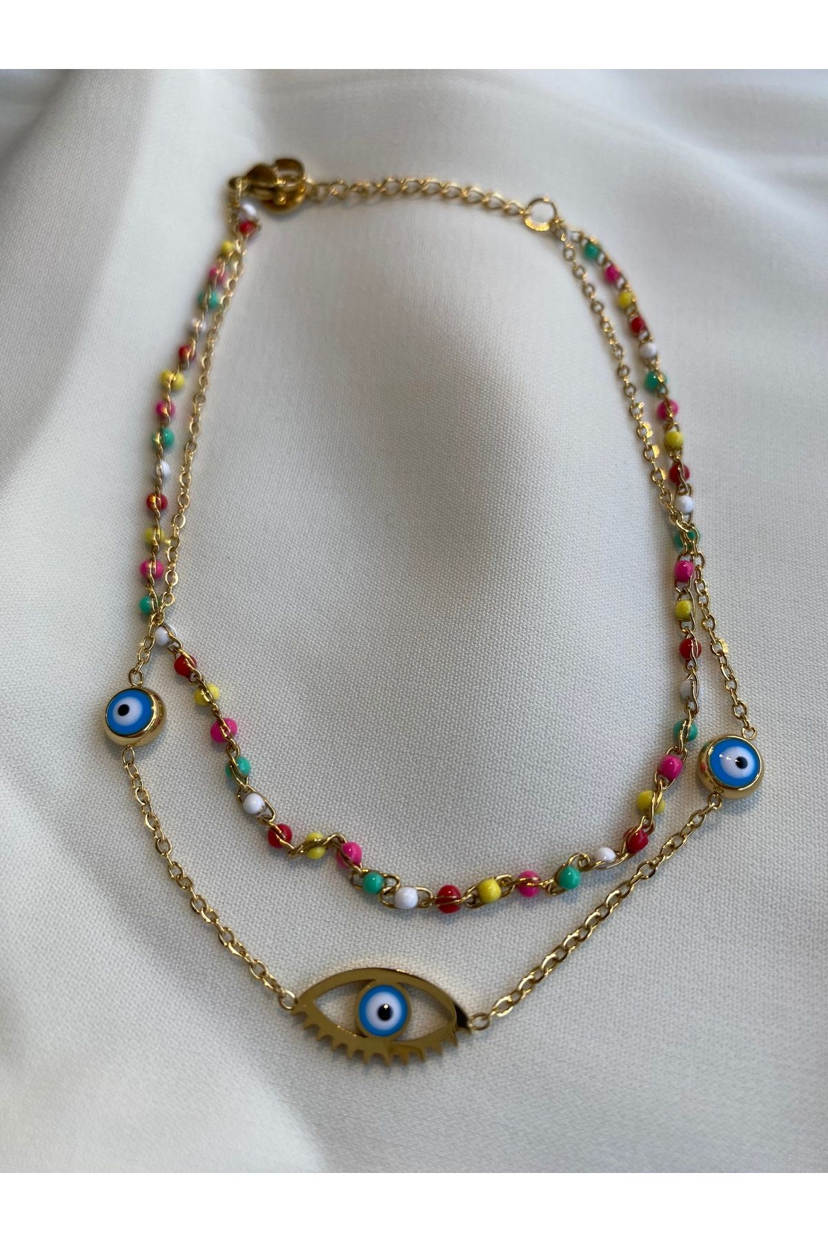 asem jewelry RENKLİ BONCUK DETAYLI NAZAR GÖZLÜ ÇİFT ZİNCİR ÇELİK HALHAL