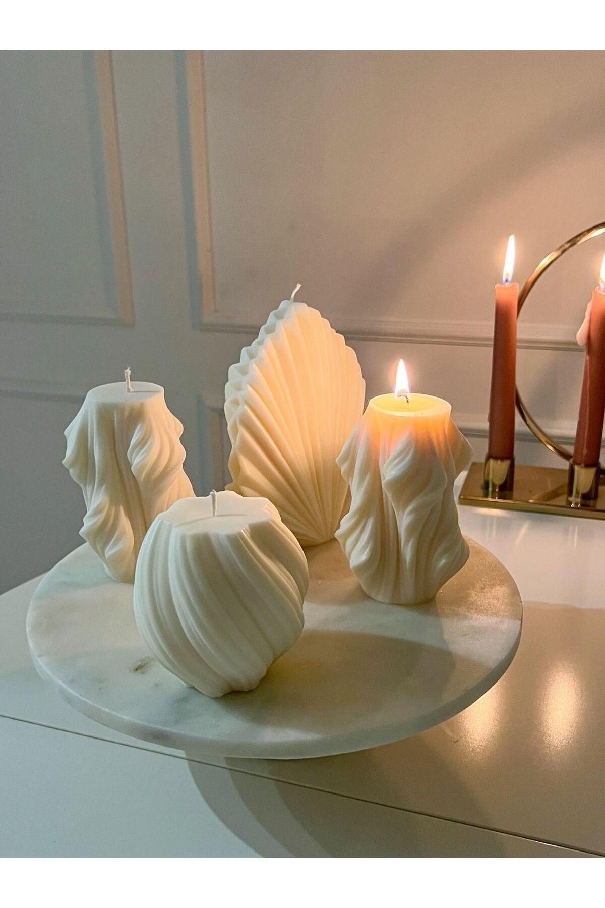 SCA CANDLE Palm 1 adet +Dalgalı model Yuvarlak 1 Adet +Dalga model 2 Adet toplam 4 parça Kırık Beyaz Renk