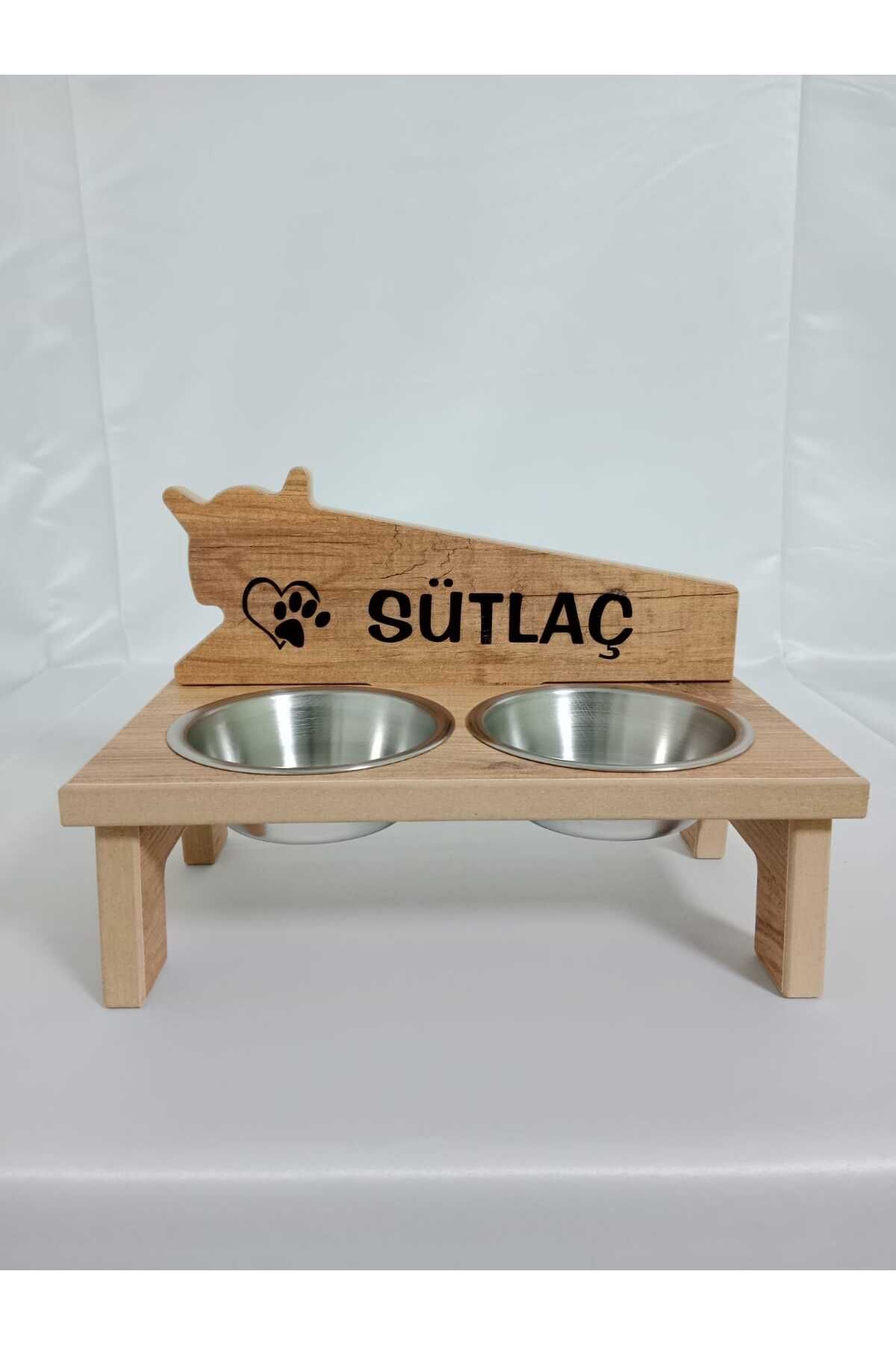 ENEFENDİ Kedi Köpek Mama ve Su Kabı - Özel İsim Baskılı - Kedi Kafa Modeli - Sabit Ayak - Meşe MDF - Çelik Ka