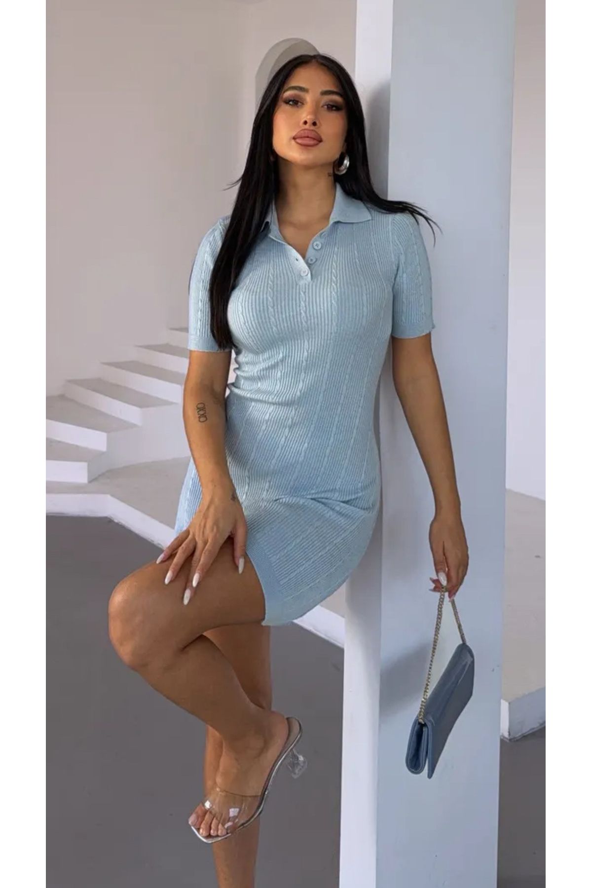 Noi Belis Mini Boy Polo Yaka Örgü Detaylı İnce Yazlık Elbise SS25EL0012