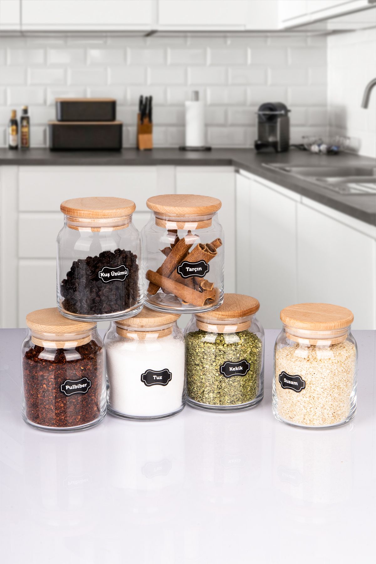 naturelove 6'Lı Doğal Ahşap Vakumlu Kapaklı Cam Baharatlık 300 ML Etiket Hediyeli