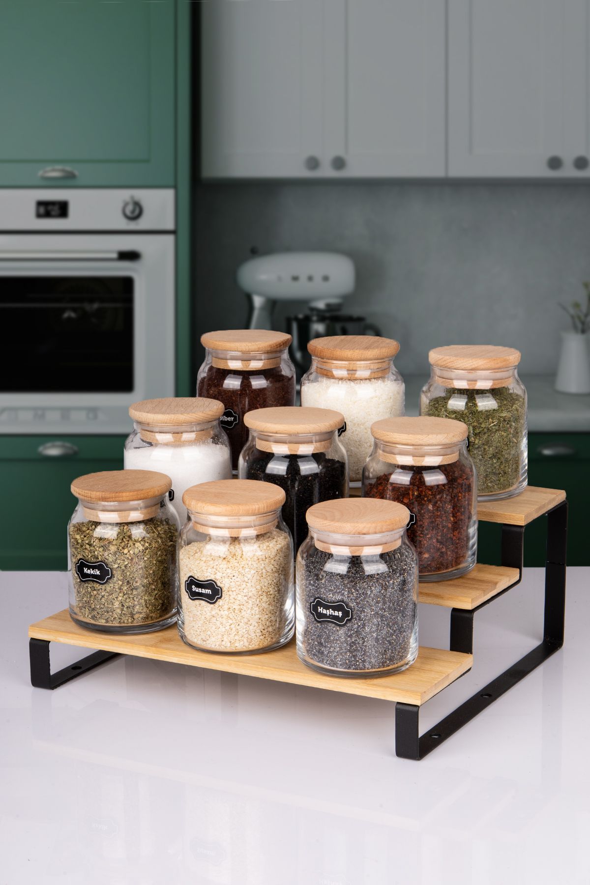 naturelove 9'Lu Standlı Doğal Ahşap Vakumlu Kapaklı Cam Baharatlık 300 ML Etiket Hediyeli