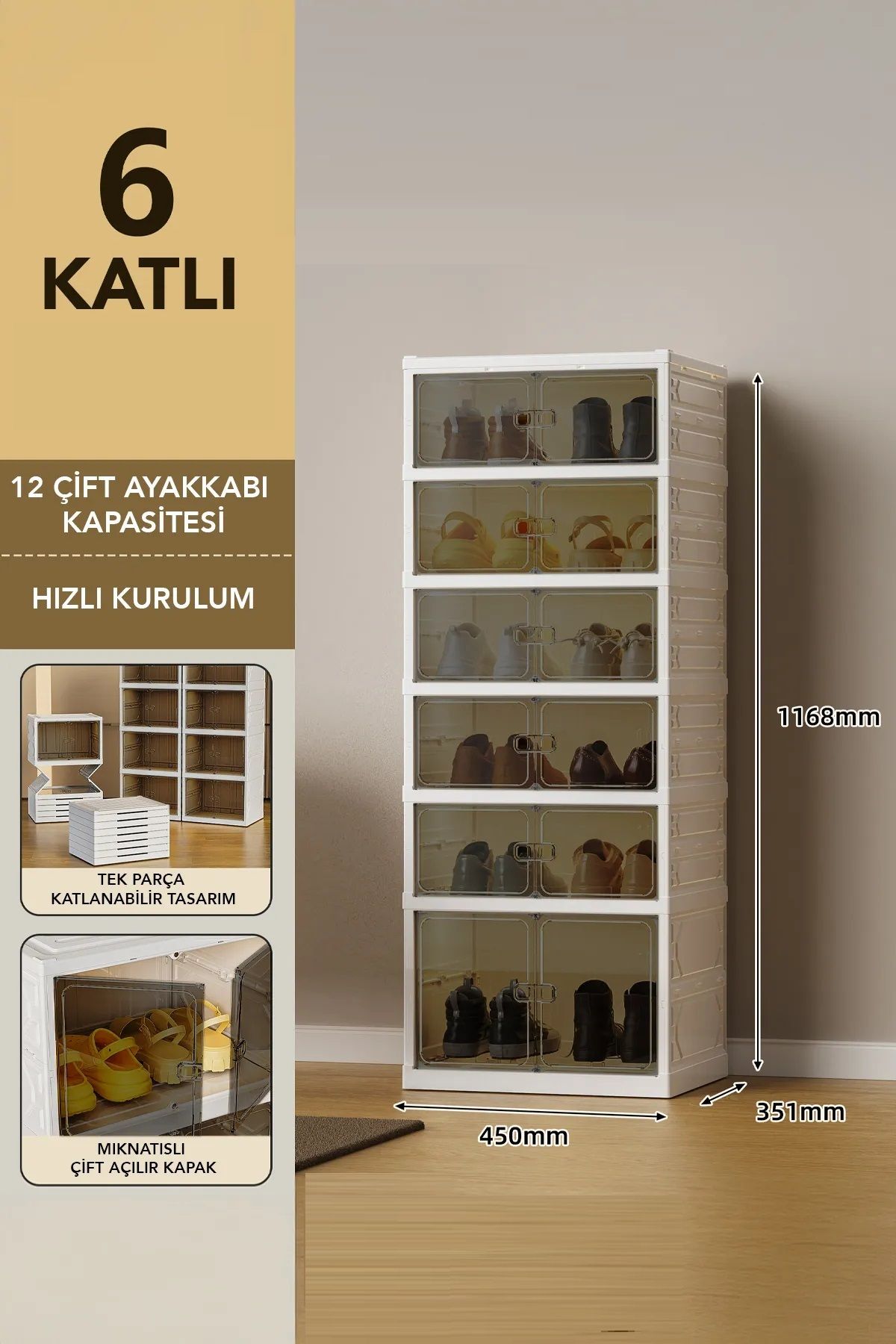 Sabelli 6 Katlı 12 Ayakkabı Kapasiteli Katlanabilir Portatif Ayakkabılık - Ayakkabı Düzenleyici Raf Dolap