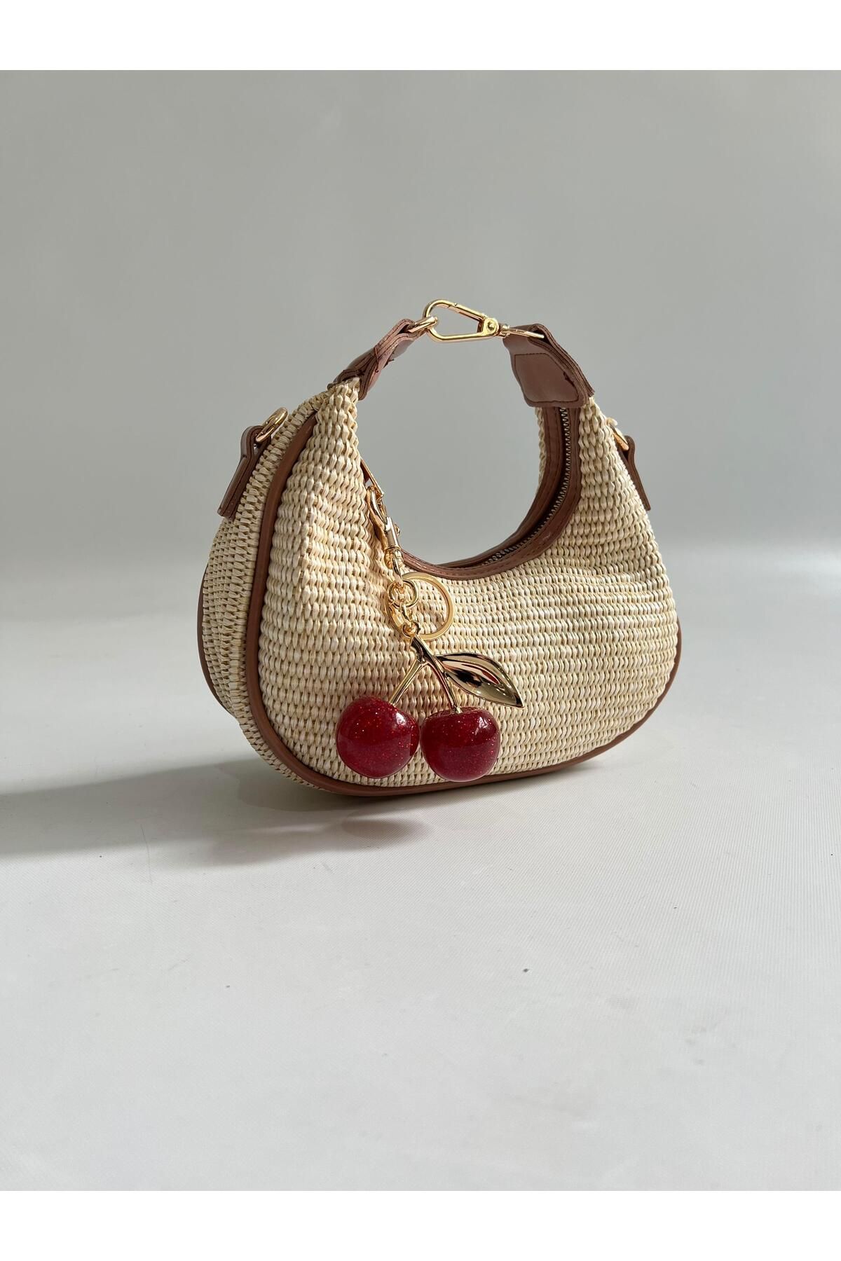 Mia Collection Gerçek Hasır Baby Model El Ve Kadın Omuz Çantası Moca ( Kiraz Charm Dahil )