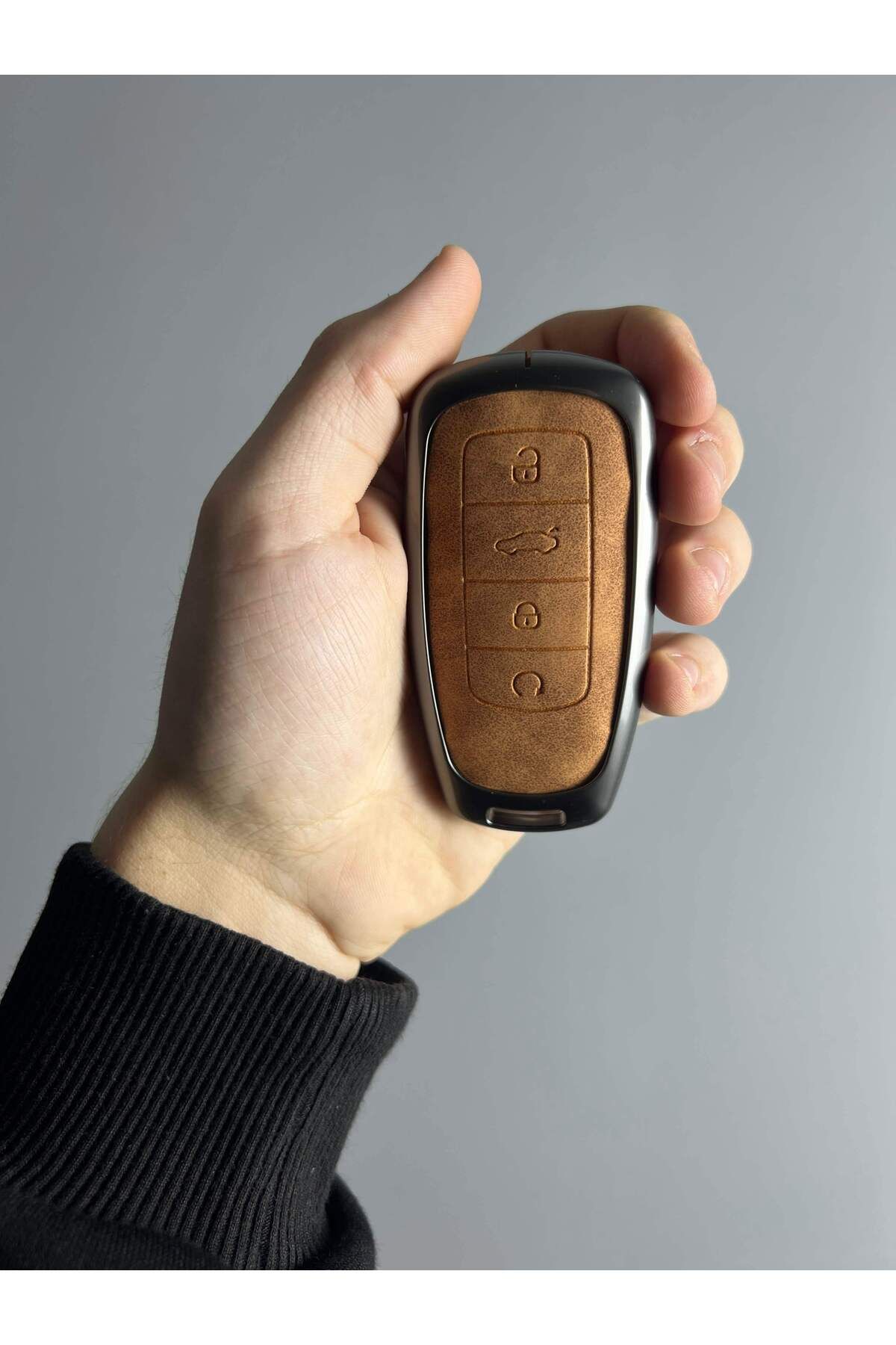 Mavi Keys Chery Tiggo 8 Plus Smart Uyumlu 3 Düğmeli Deri Metal Anahtar Kumanda Koruma Kılıfı Kahverengi