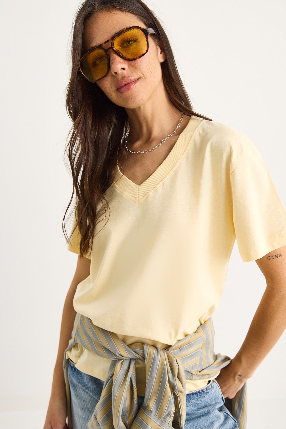 Bianco Lucci Kadın %100 Organik Pamuk Derin V Yakalı Comfort Fit T-Shirt 60602066