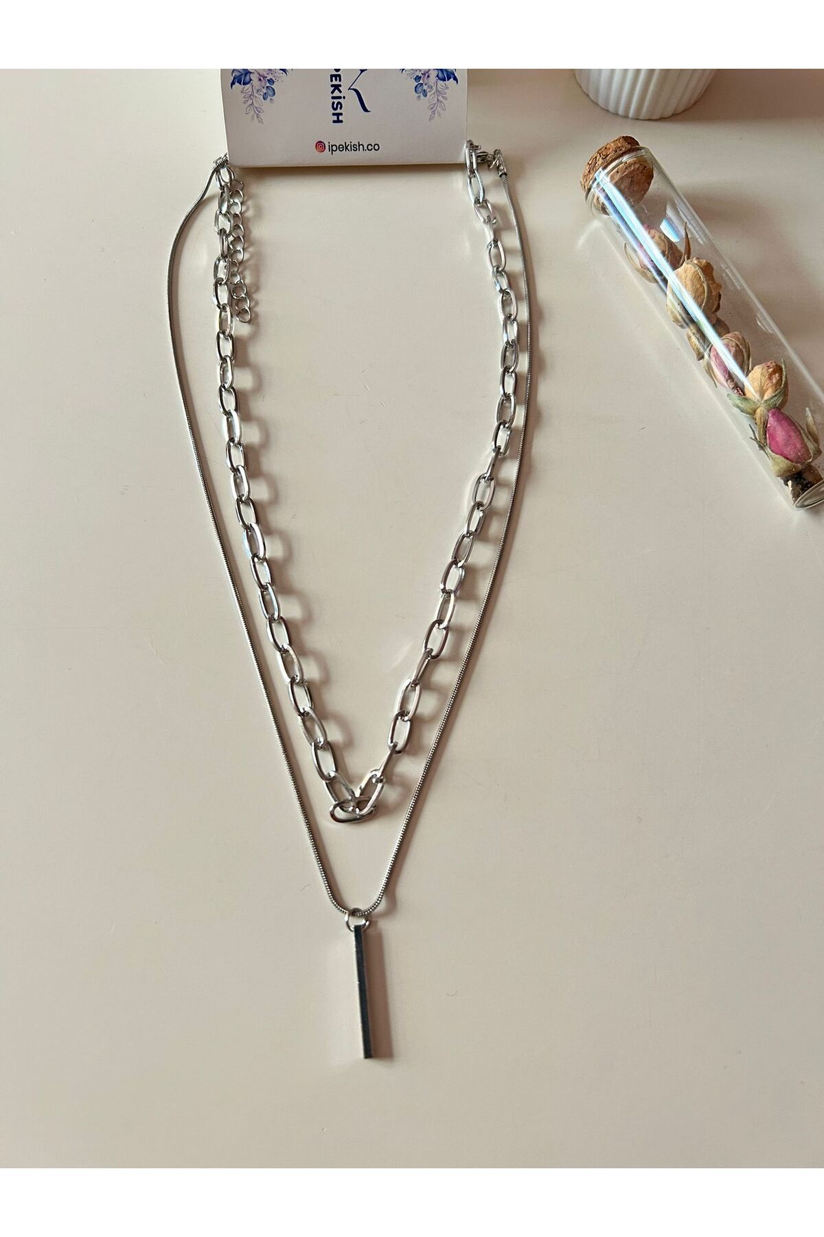 Cheecky Chic İpekish | 2’li Kalın Zincir & Çubuk Figürlü Silver Unisex Kolye Seti – Ayarlanabilir Zincirli
