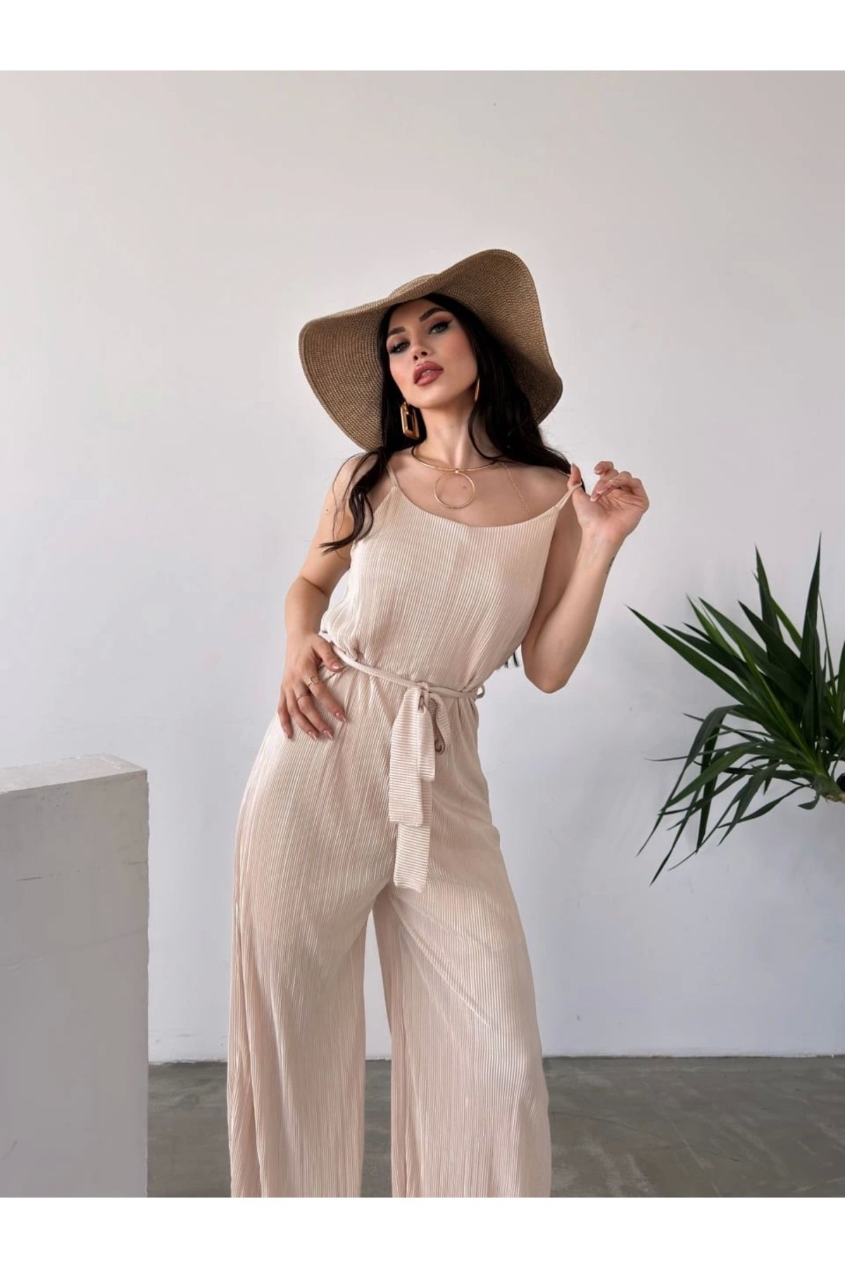 Nateli İp Askılı Kuşaklı Krinkle Tulum