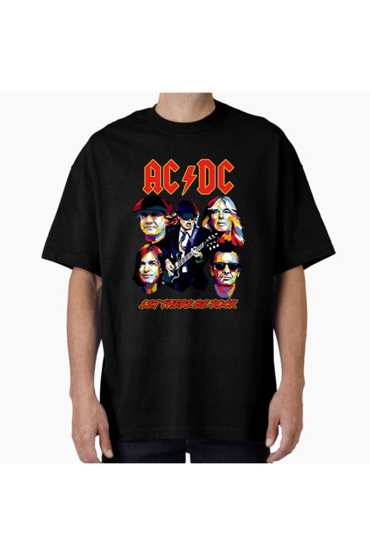 COMVİCHO Unisex ACDCLettherebeRock Tasarım Baskılı Oversize T-Shirt