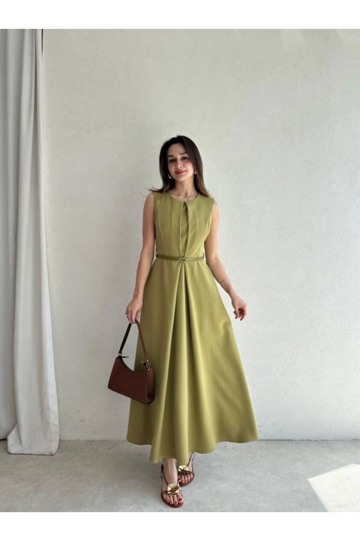 maf collection Kadın Haki Bisiklet Yaka Sıfır Kol Kemer Detay Abiye Mezuniyet Elbisesi