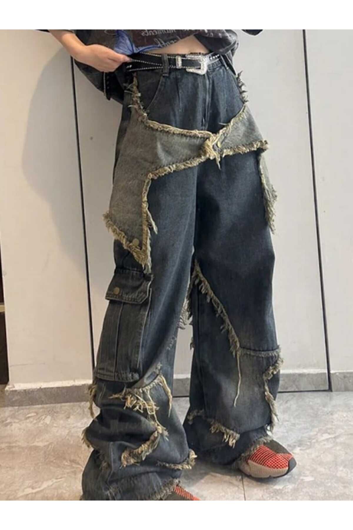 Peripeti Patch Star Kargo Cepli Street Style Yıkamalı Kot
