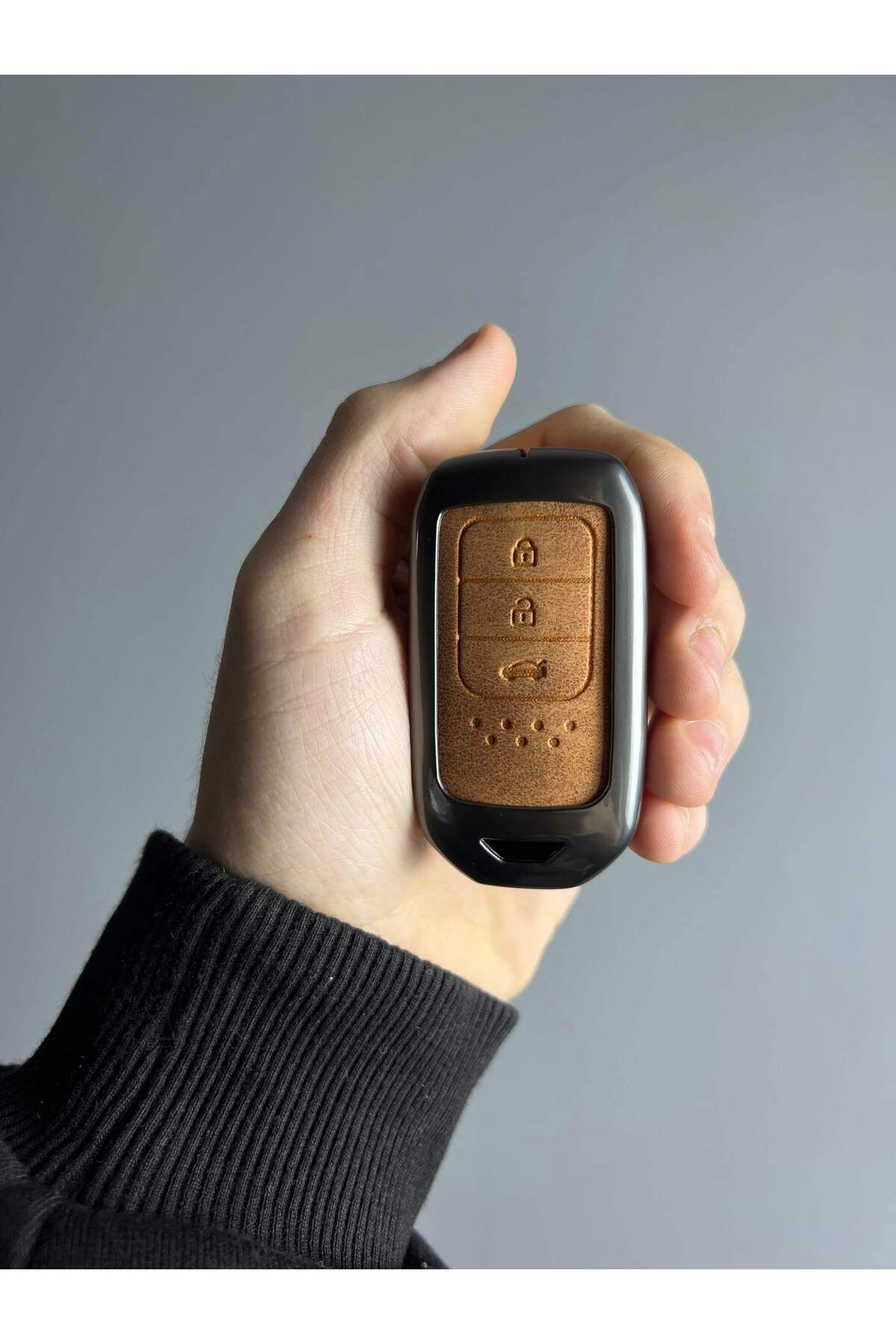 Mavi Keys Honda Civic, CR-V, City Smart Uyumlu 3 Düğmeli Deri Metal Anahtar Kumanda Koruma Kılıfı Kahverengi