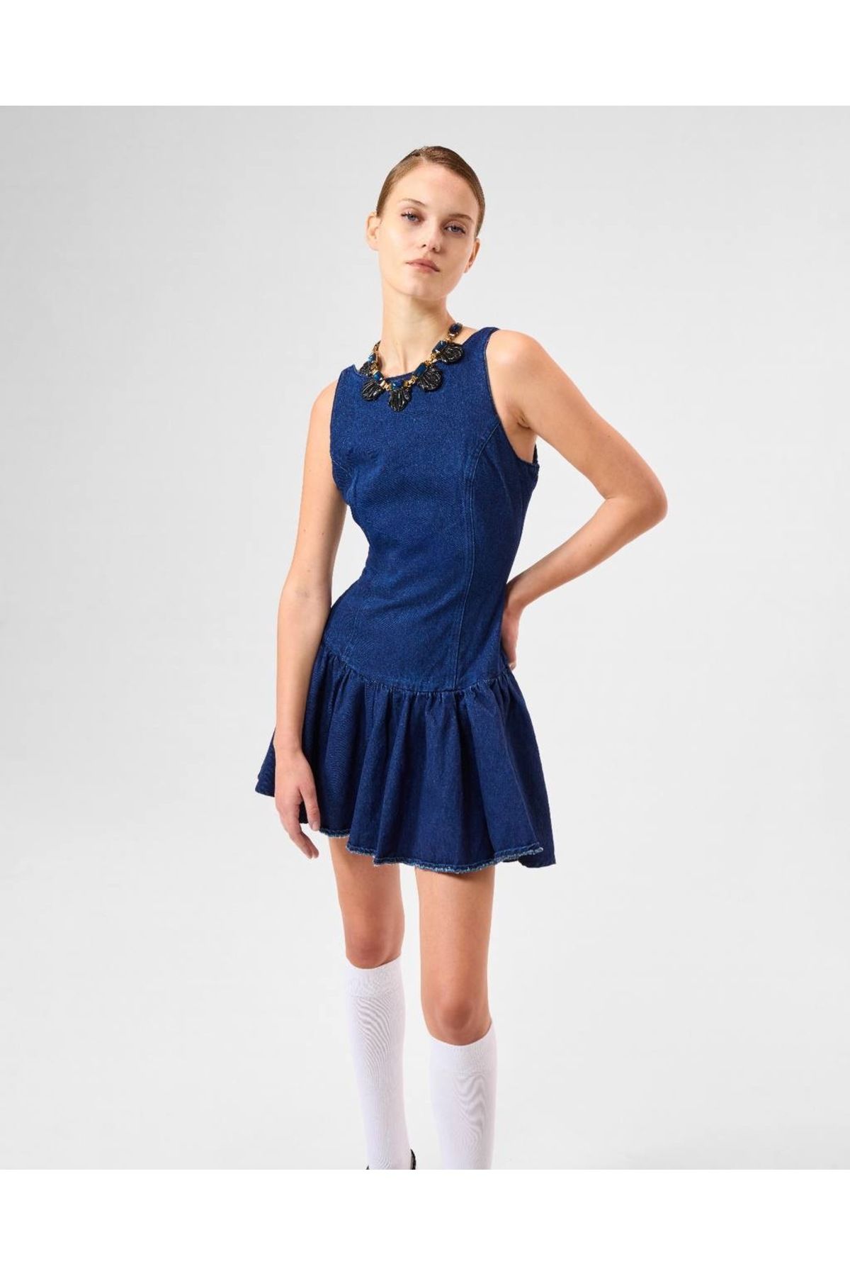 NK İndigo Fırfırlı Denim Kot Mini Elbise