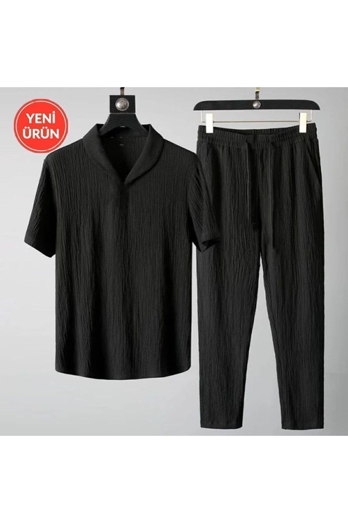 blausee wear Unisex Bürümcük Krinkıl Kumaş Yazlık Likralı Kadın Erkek Kısa Kol Yazlık Takım