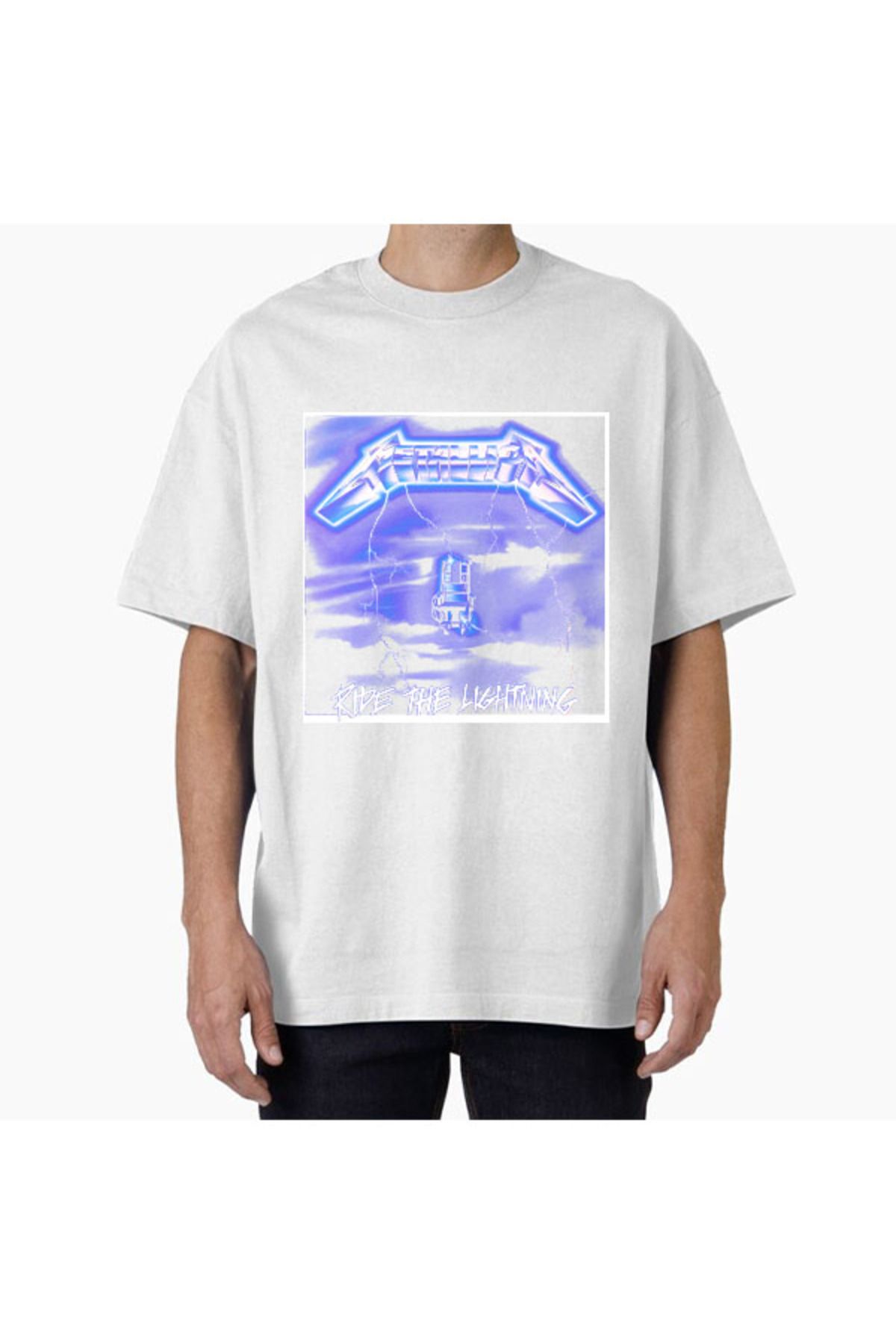 COMVİCHO Unisex metallicaridethelightningOutput Tasarım Baskılı Oversize T-Shirt