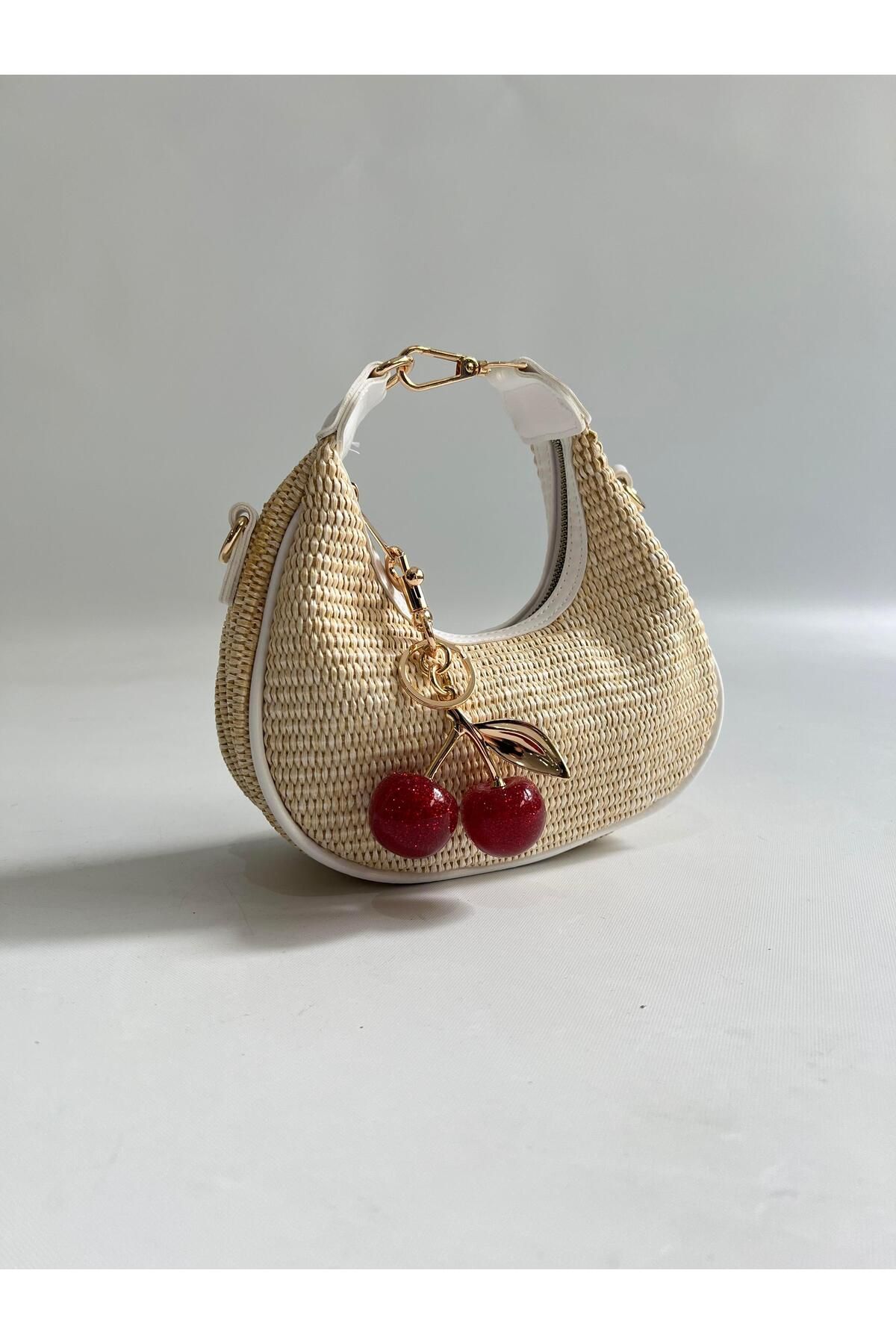 Mia Collection Gerçek Hasır Baby Model El Ve Kadın Omuz Çantası Beyaz ( Kiraz Charm Dahil )