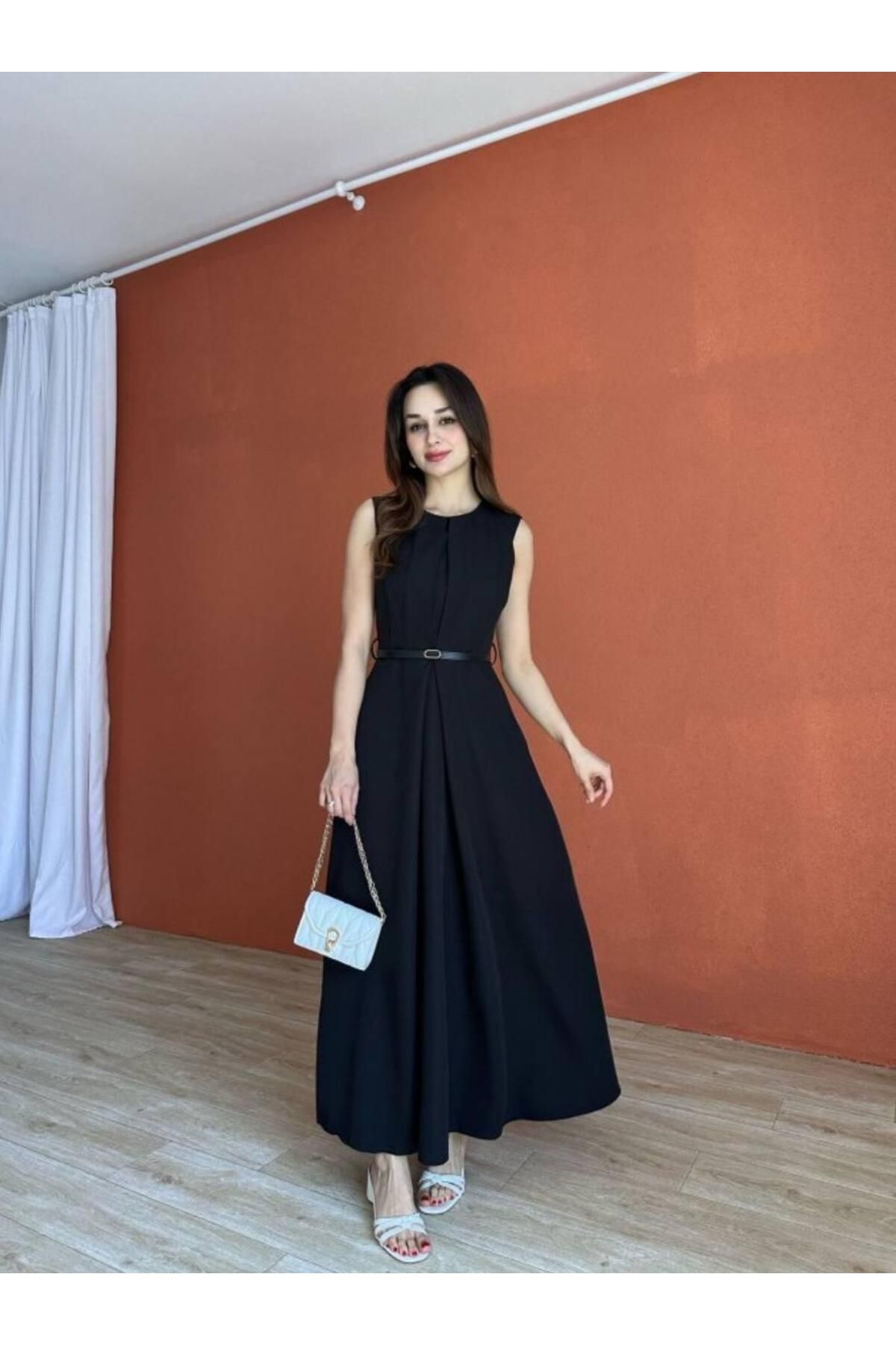 maf collection Kadın Siyah Bisiklet Yaka Sıfır Kol Kemer Detay Abiye Mezuniyet Elbisesi