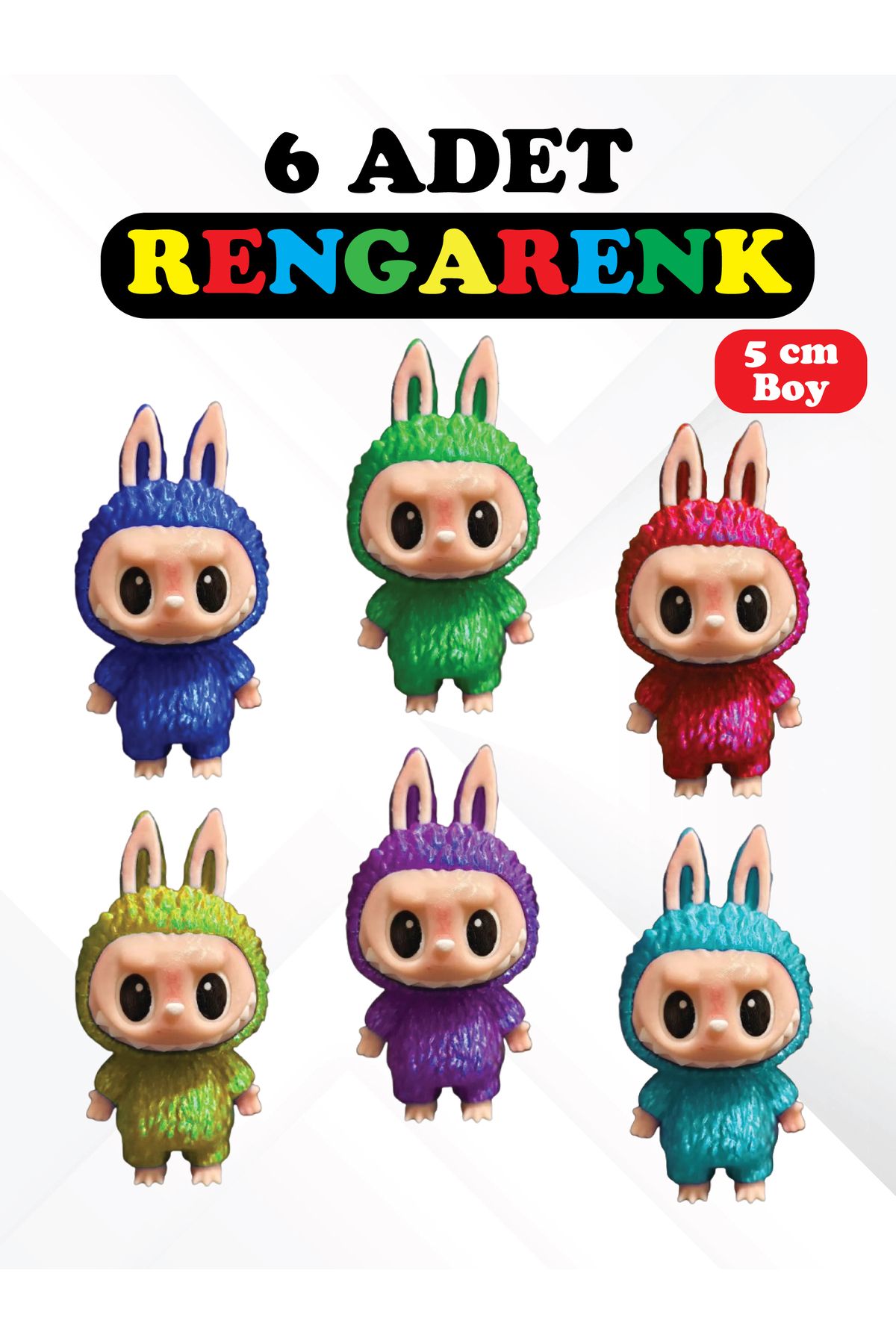 GiginGo Labubu Rengarenk Mega Set - 6 Adet (Mavi - Kırmızı - Sarı - Yeşil -Bebe Mavisi - Mor)