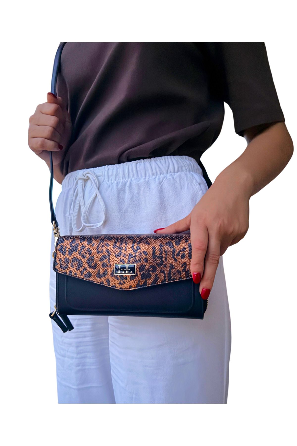 Lux Leder Hakiki Deri Siyah Tiger Yılan Baskı Baskı