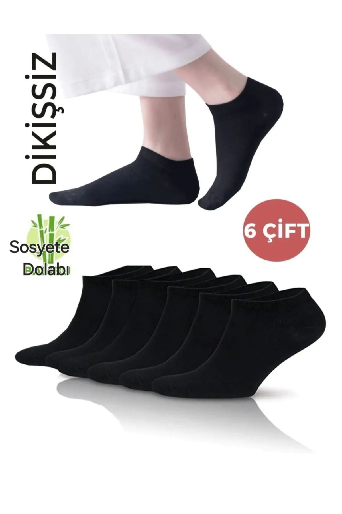 Sosyete dolabı 6 Çift Unisex dikişsiz pamuklu esnek ve rahat siyah kısa patik çorap (EKONOMİK PAKET)