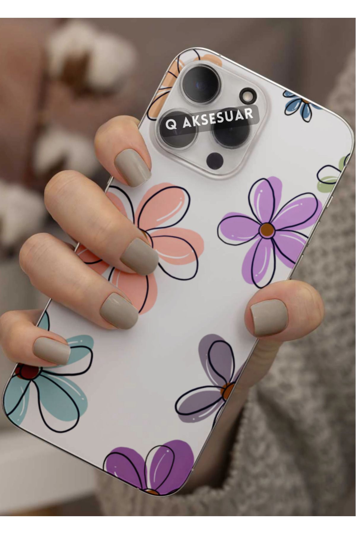 Q Aksesuar İphone 13 Mini Uyumlu Renkli Çiçekler Tasarımlı Şeffaf Telefon Kılıfı Kapak Case