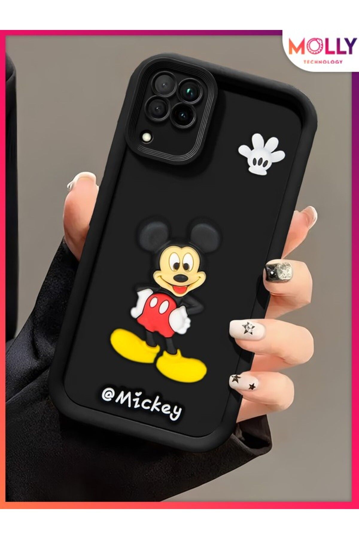 Molly Samsung Galaxy M32 İçin Siyah Kenarları Kalın 3d Kabartmalı Mickey Silikon Kılıf