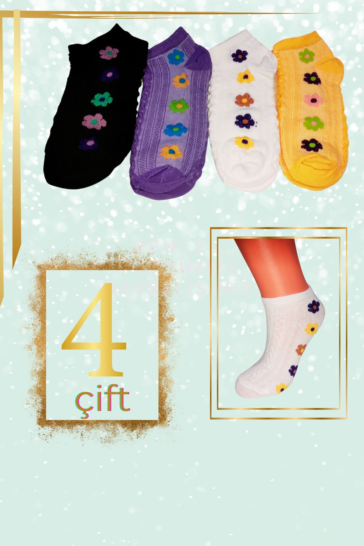 Limon Socks Kadın Çorap (4 Çift) Pamuklu Çocuk Çorabı Desenli Kısa Patik Çorap