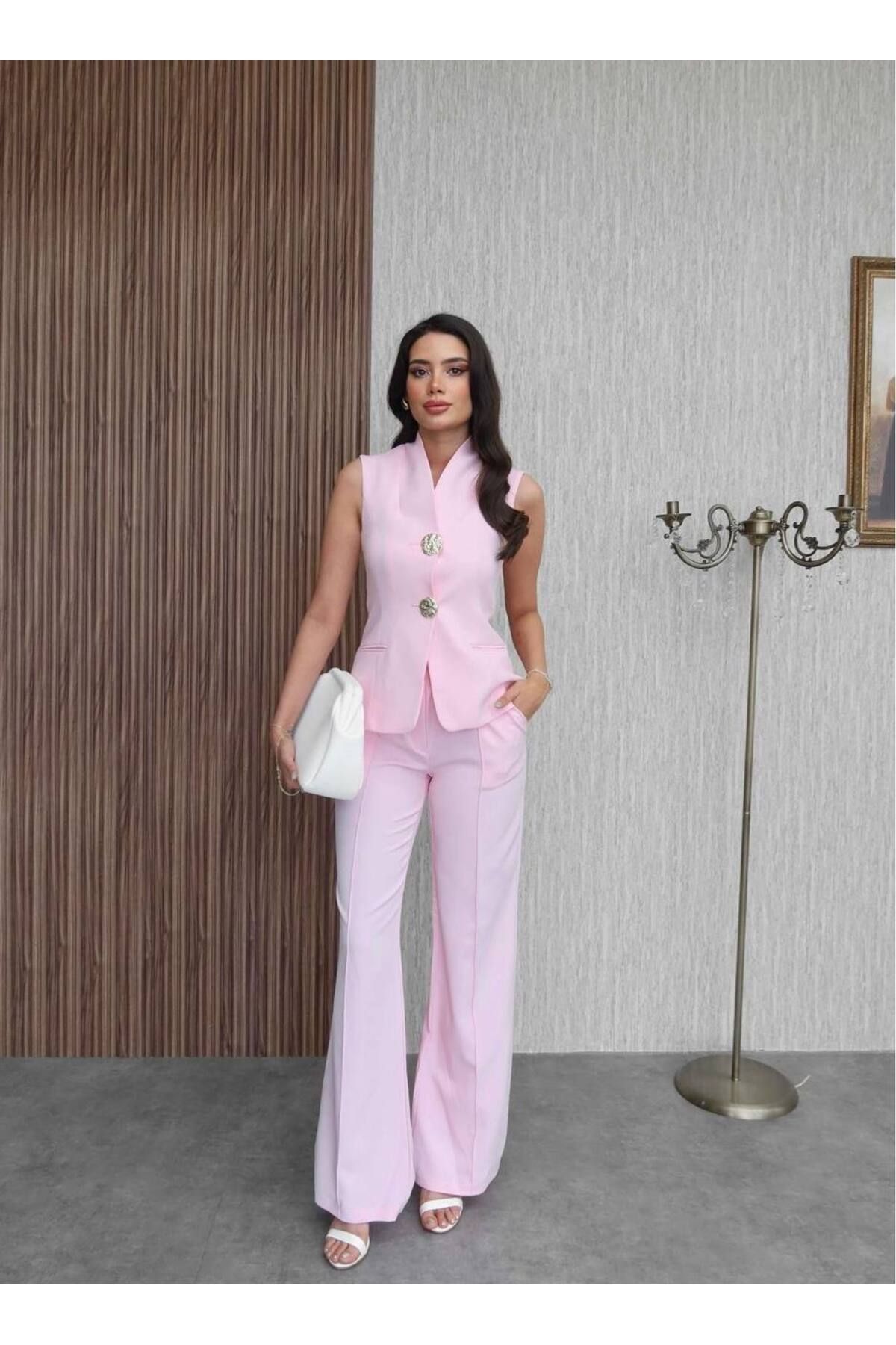 ELİFLEMODA Gold detaylı keten alt üst takım
