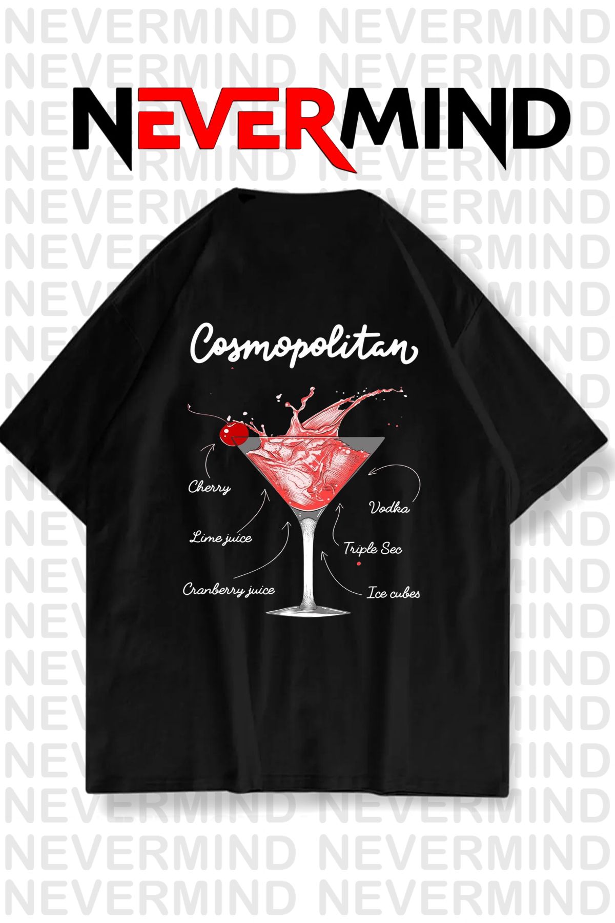 NEVERMIND Kadın Oversize Pamuk Tişört - Cosmopolitan Kokteyl Desenli