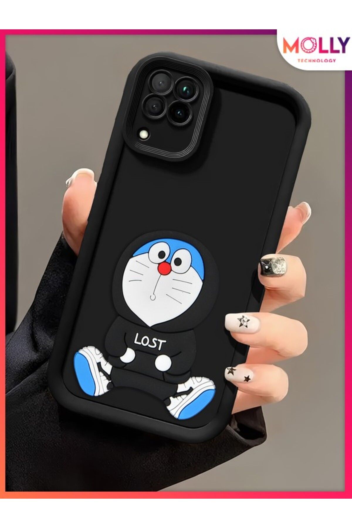 Molly Samsung Galaxy M32 İçin Siyah Kenarları Kalın 3d Kabartmalı Sevimli Doraemon Silikon Kılıf