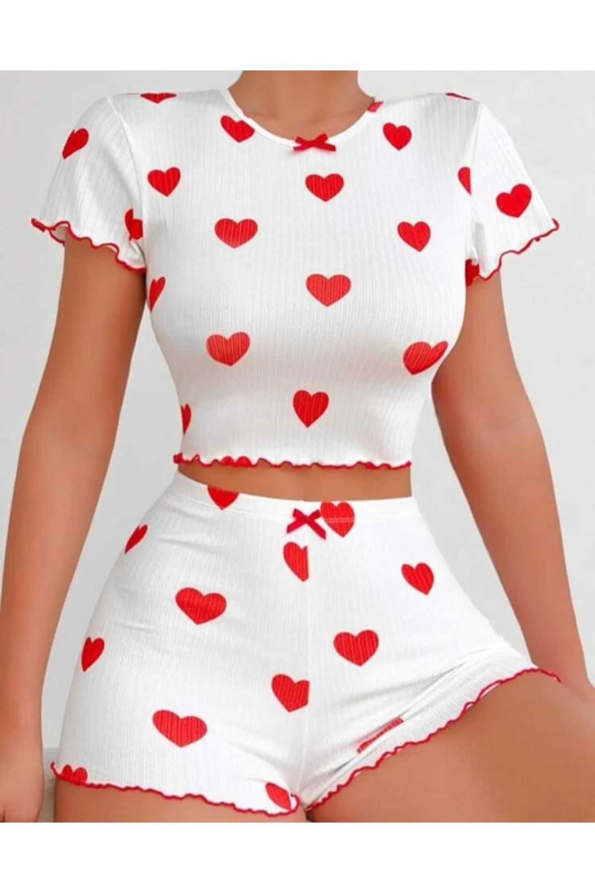 FAYK WEARHOUSE Desenli Baskılı Askılı Gecelik Crop Mini Etekli Şortlu Pijama Takımı
