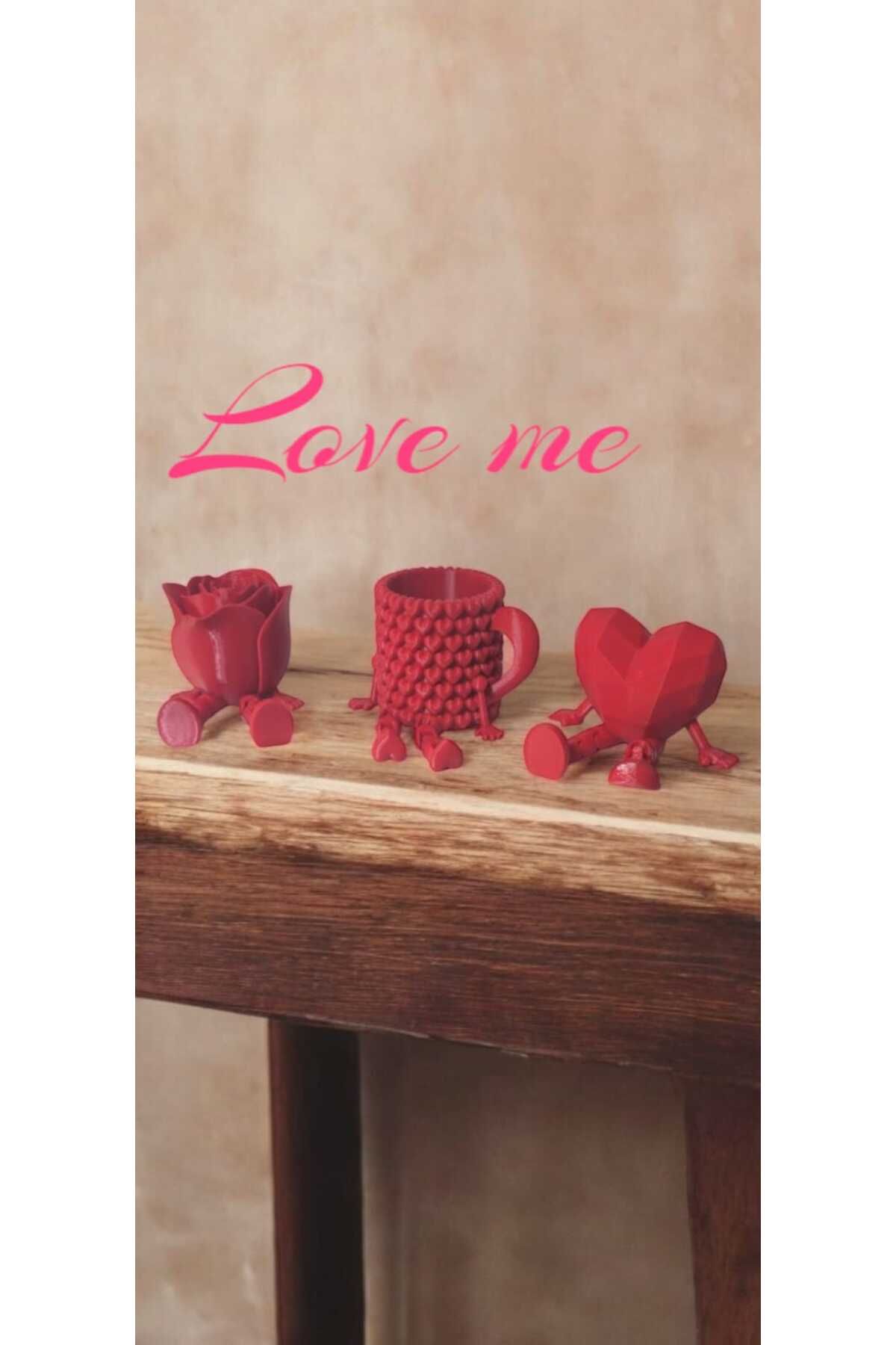 Dropcek eticaret Love Me Sevimli Figürlü Dekoratif Saksı, Kalemlik ve 3'lü Ayakları Sallanan Biblo Set