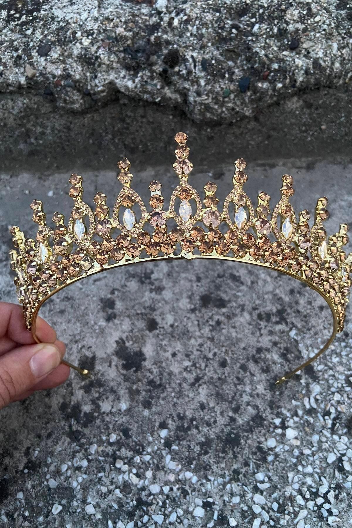 Hobigram Abrienda Gold Gelin Kına Tacı Özel Gün Aksesuar Kadın Taç Saç Aksesuarı