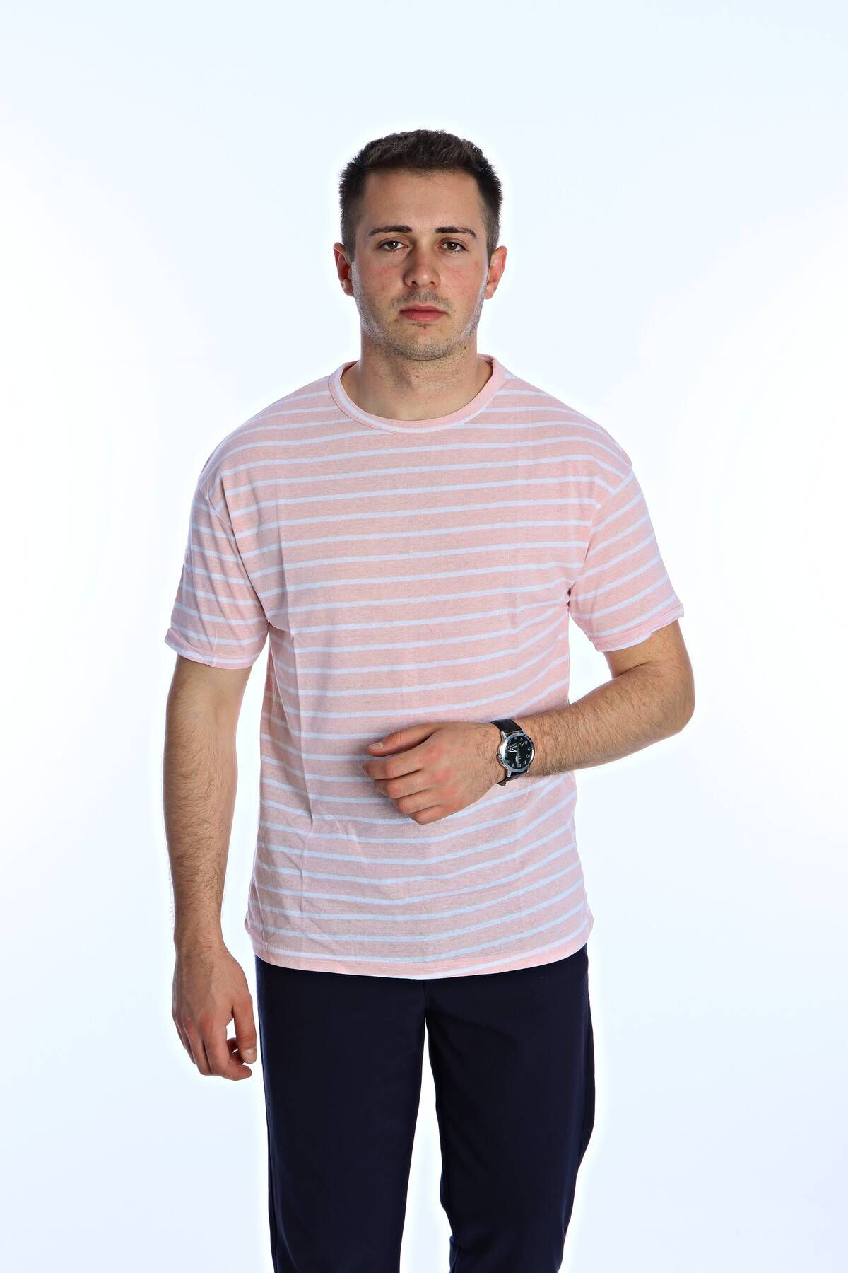 eg38 Kmp Çizgili Oversize Tişört Pembe