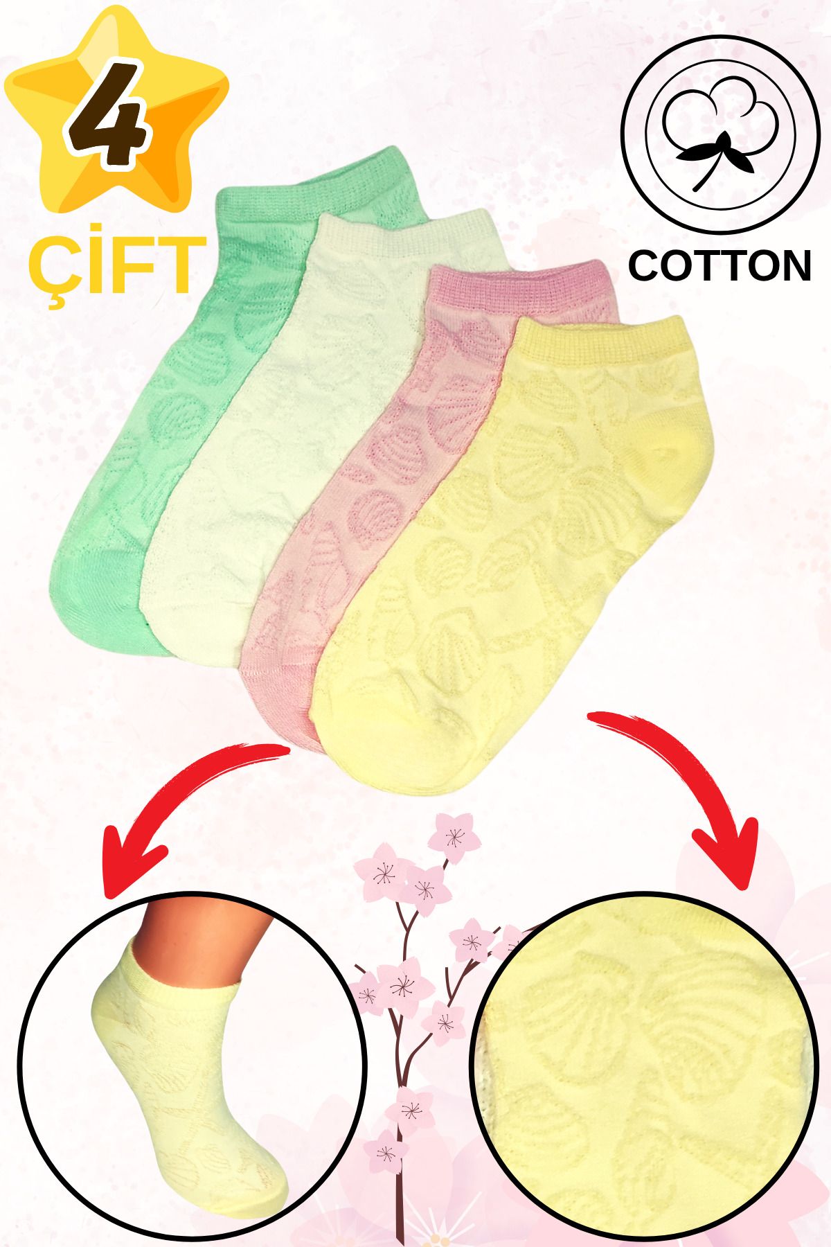 Limon Socks Kadın Çorap (4 Çift) Pamuklu Çocuk Çorabı Desenli Kısa Patik Çorap