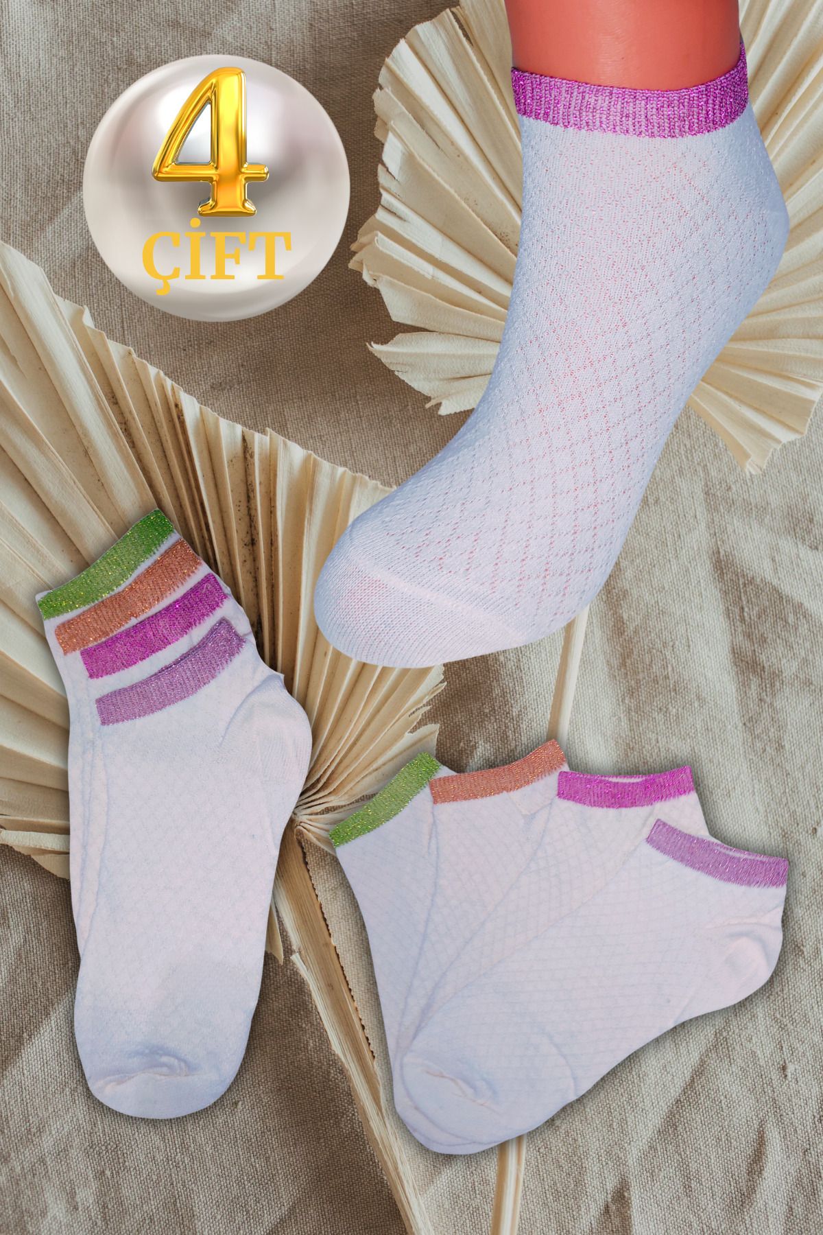 Limon Socks Kadın Çorap (4 Çift) Pamuklu Çocuk Çorabı Desenli Kısa Patik Çorap