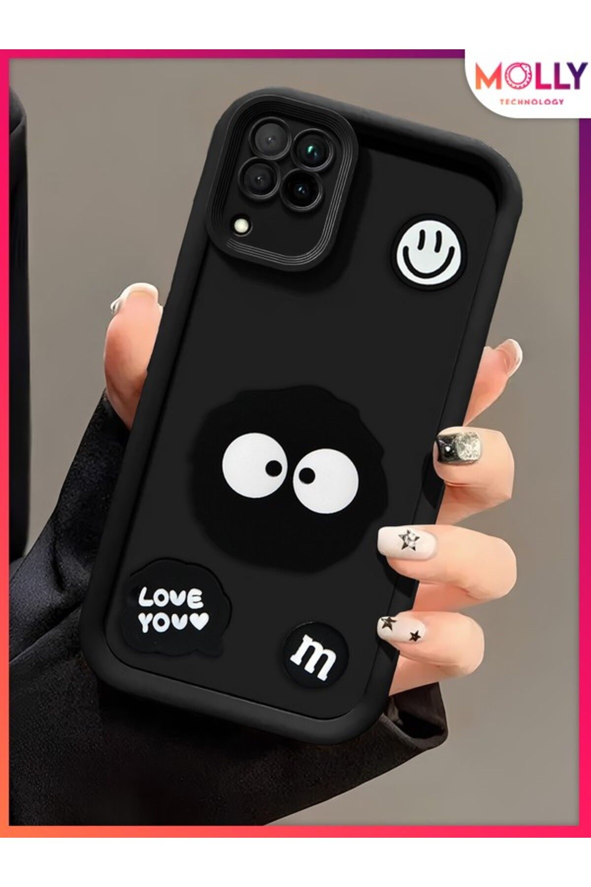 Molly Samsung Galaxy M32 İçin Siyah Kenarları Kalın 3d Kabartmalı Cute Doodle Silikon Kılıf