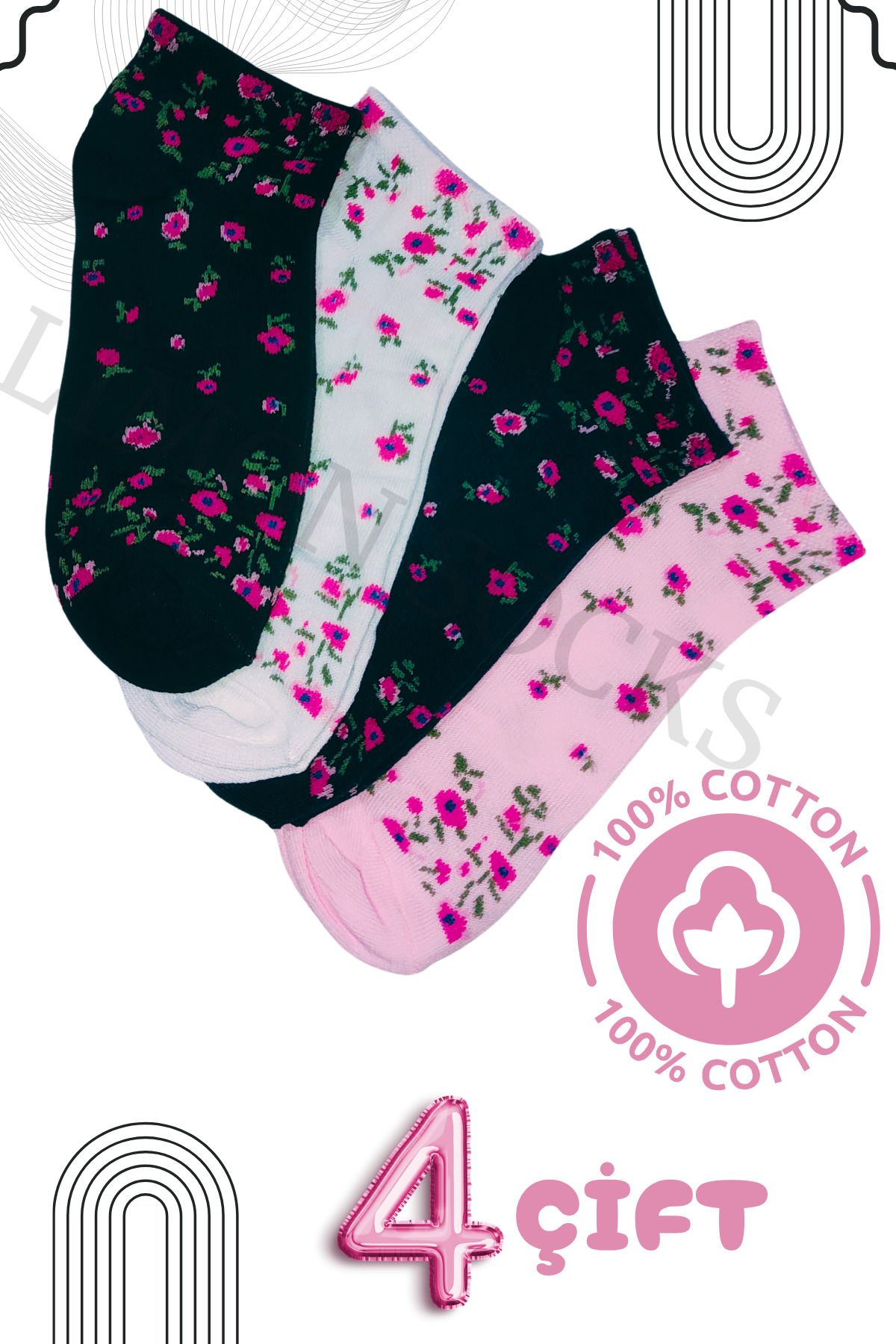 Limon Socks Kadın Çorap (4 Çift) Pamuklu Çocuk Çorabı Desenli Kısa Patik Çorap