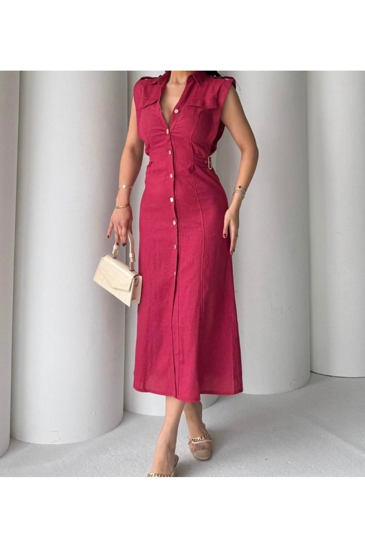 Kedi Fashion Keten çift kemer detaylı elbise