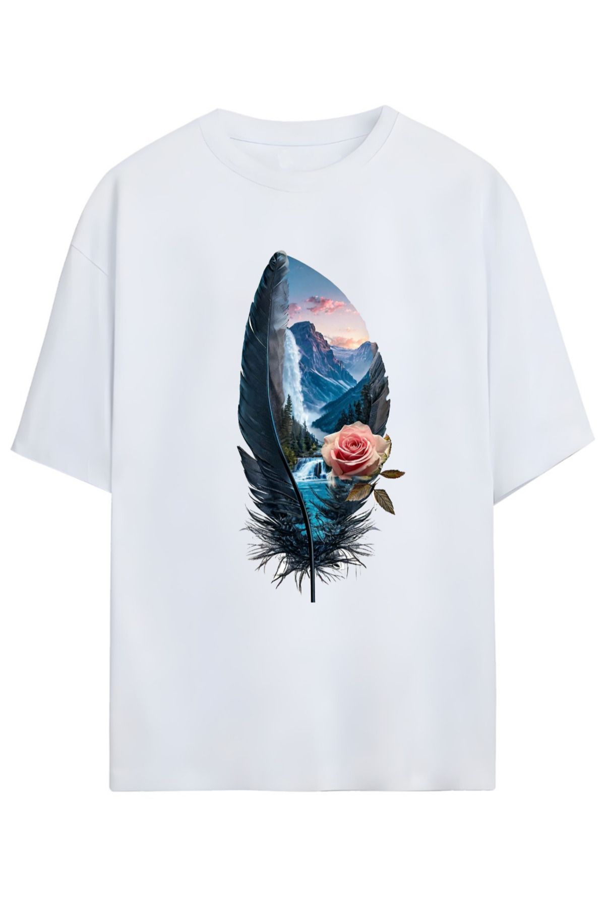 MAGORS Sanatsal Tüy Desenli Oversize Tişört (Artistic Feather Pattern Oversize T-shirt) (RELAXED KALIP)