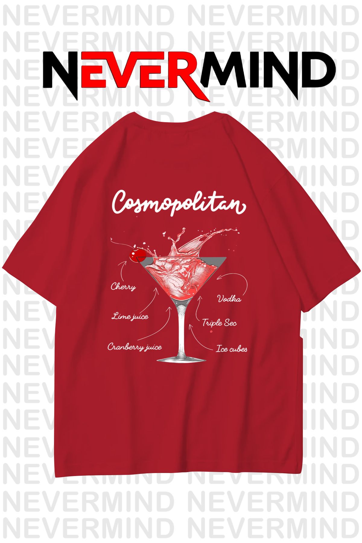 NEVERMIND Kadın Oversize Pamuk Tişört - Cosmopolitan Kokteyl Desenli