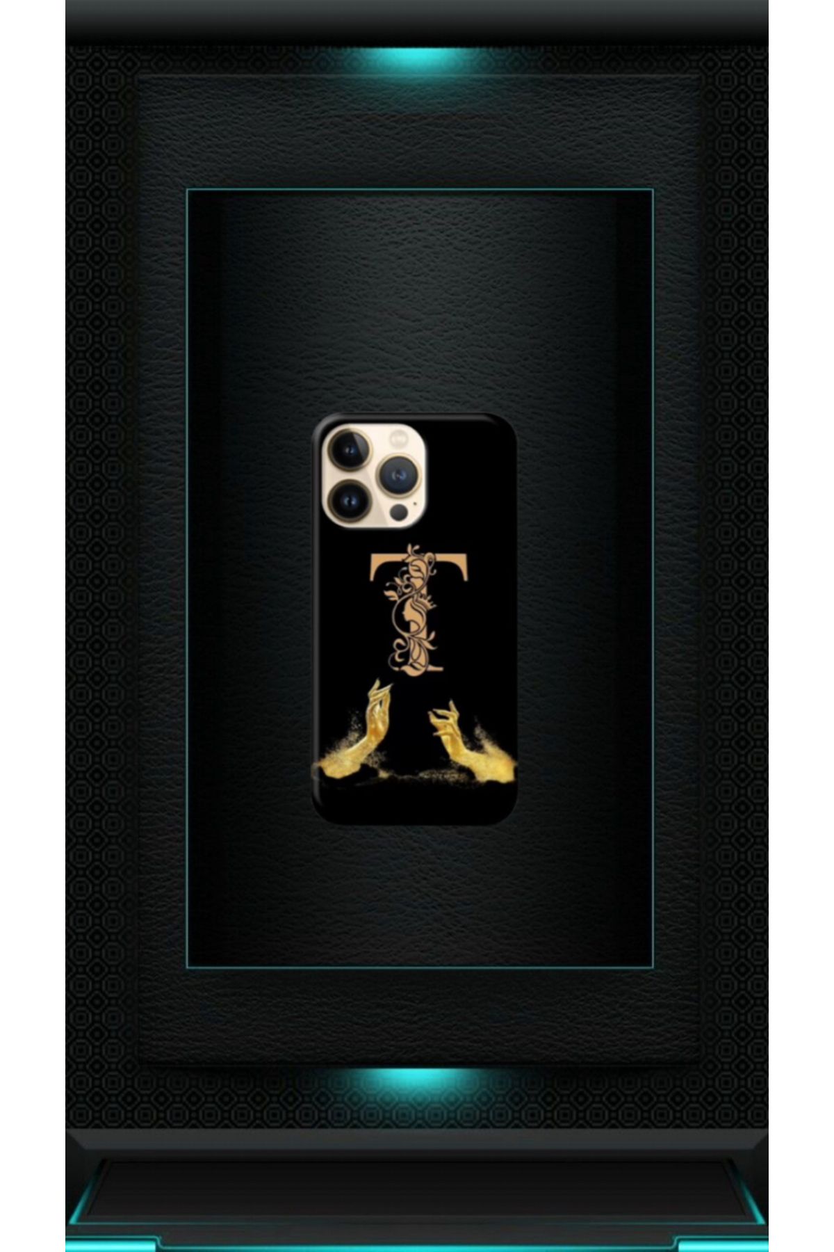 cover shopp Siyah Desenli Gold T Harfi IP 13 Pro