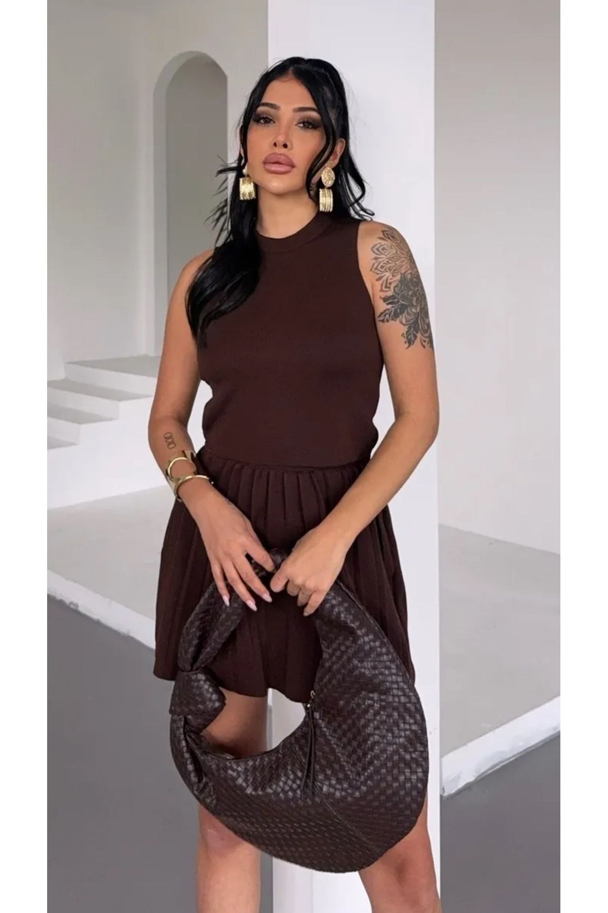 Noi Belis Sıfır Kol Bluz Pileli Etek İnce Yazlık Takım SS25AU0007