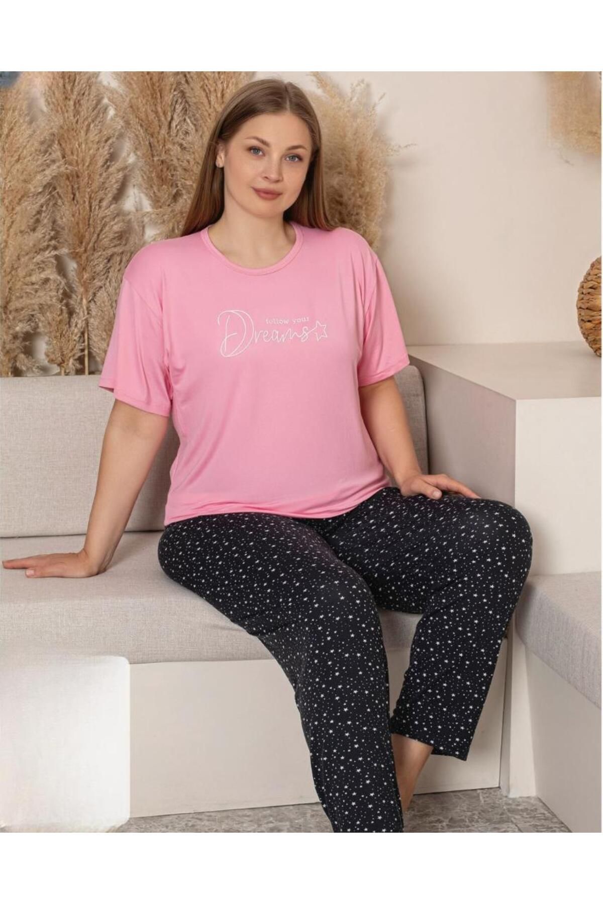 Sude Charme Kadın Büyük Beden Bisiklet Yaka MİLAN Likralı Kısa Kol Pijama Takımı K601/247 - 1 Adet